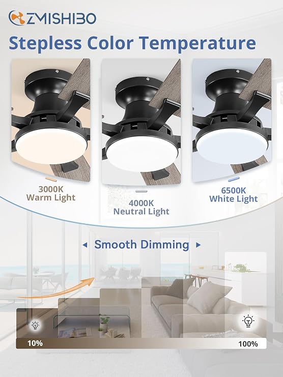 ZMISHIBO 52 Inch Ceiling Fans with Lights, Remote&App Control, Flush Mount