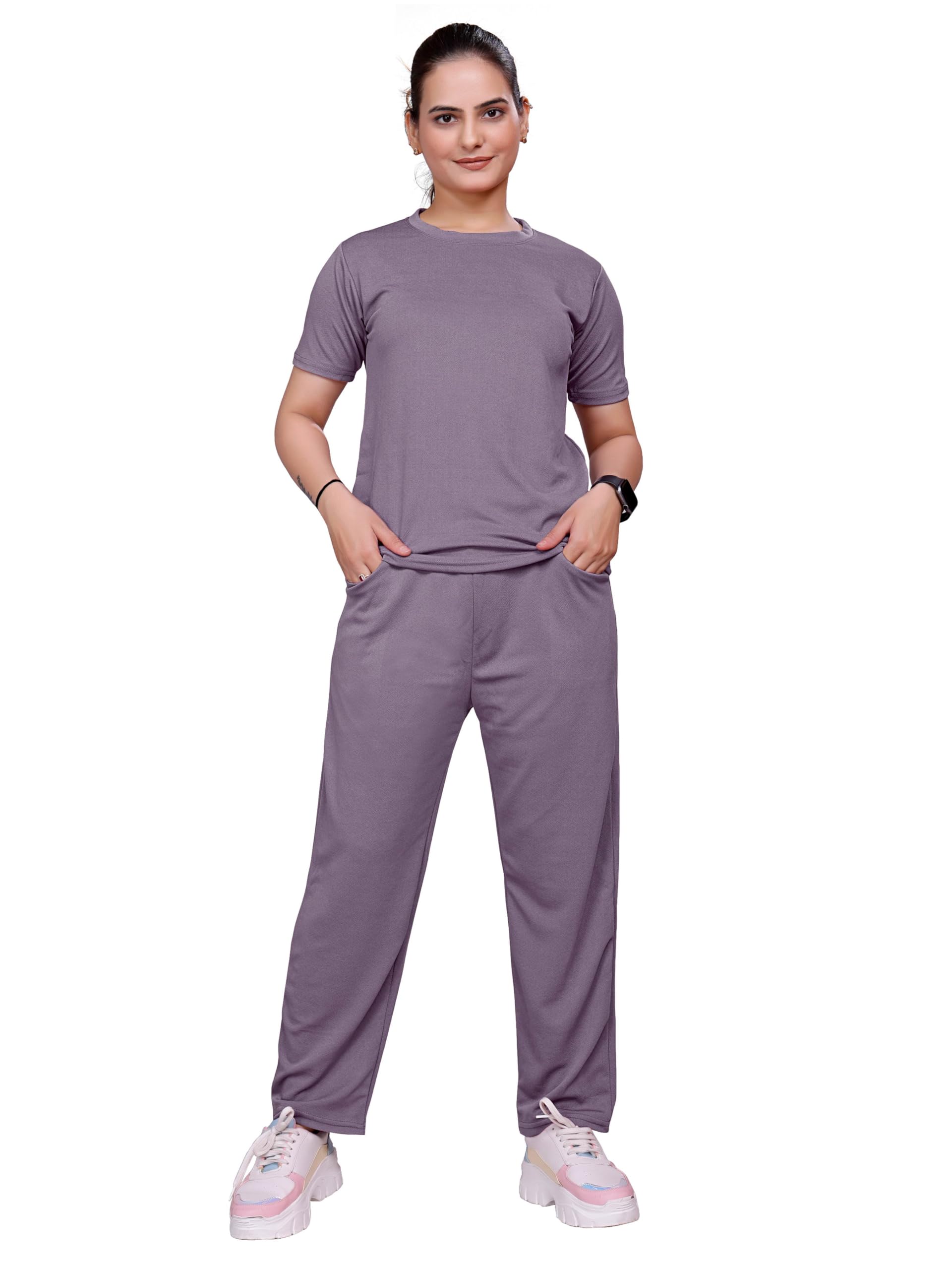 Women's Printed Polyester Lycra Tracksuit Set, Lightweight Stretchable Tracksuit Suit and Gym Outfit with Side Pockets