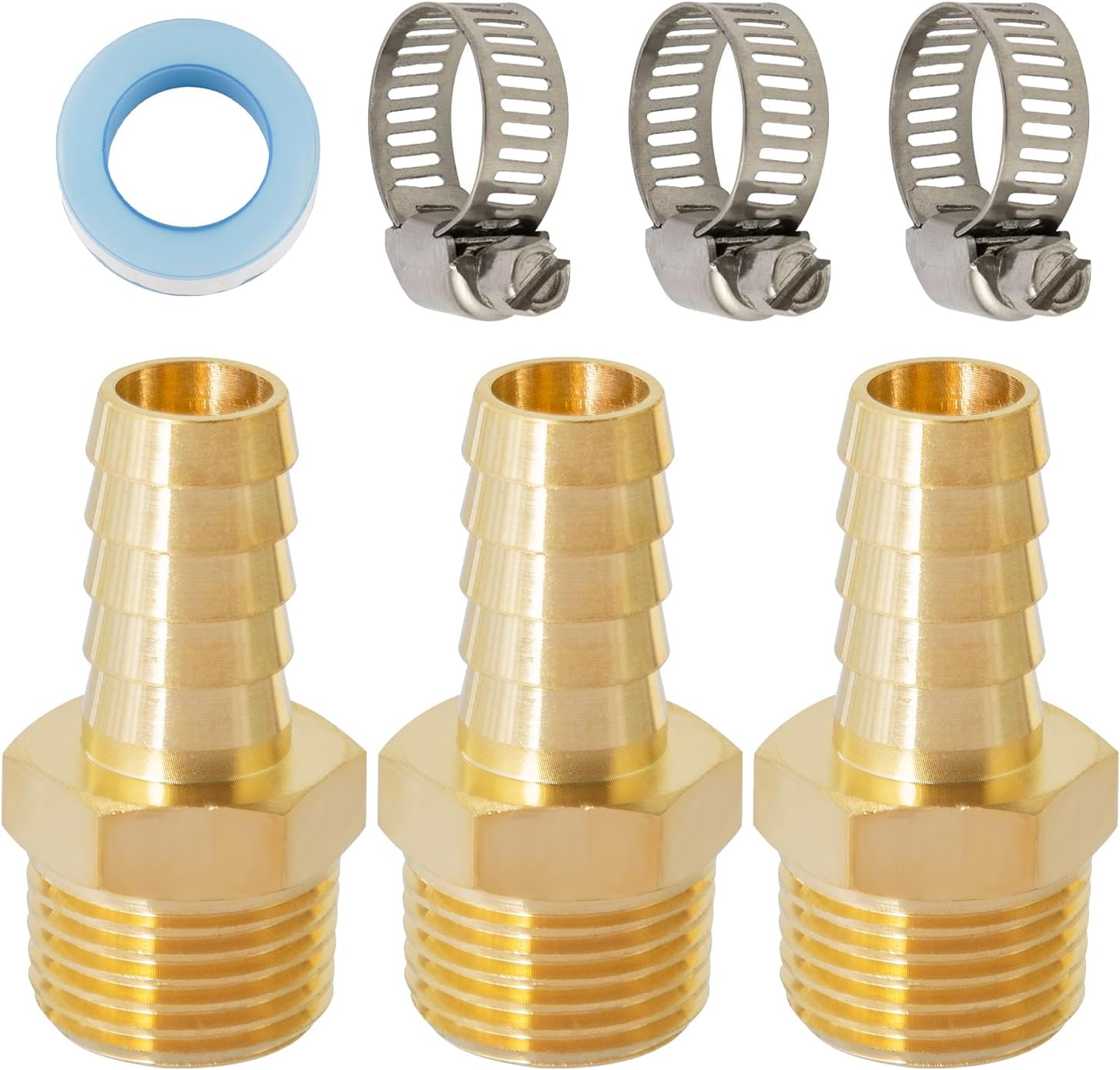 SUNGATOR 1/2 Inch Hose Barb Fittings, Brass Air Hose Fittings, 1/2'' Male NPT Pipe Thread to 1/2'' Barb End Pipe Adapter, Brass Air Line Repair Kit with Sealing Tape and Clamps (6 Pack)