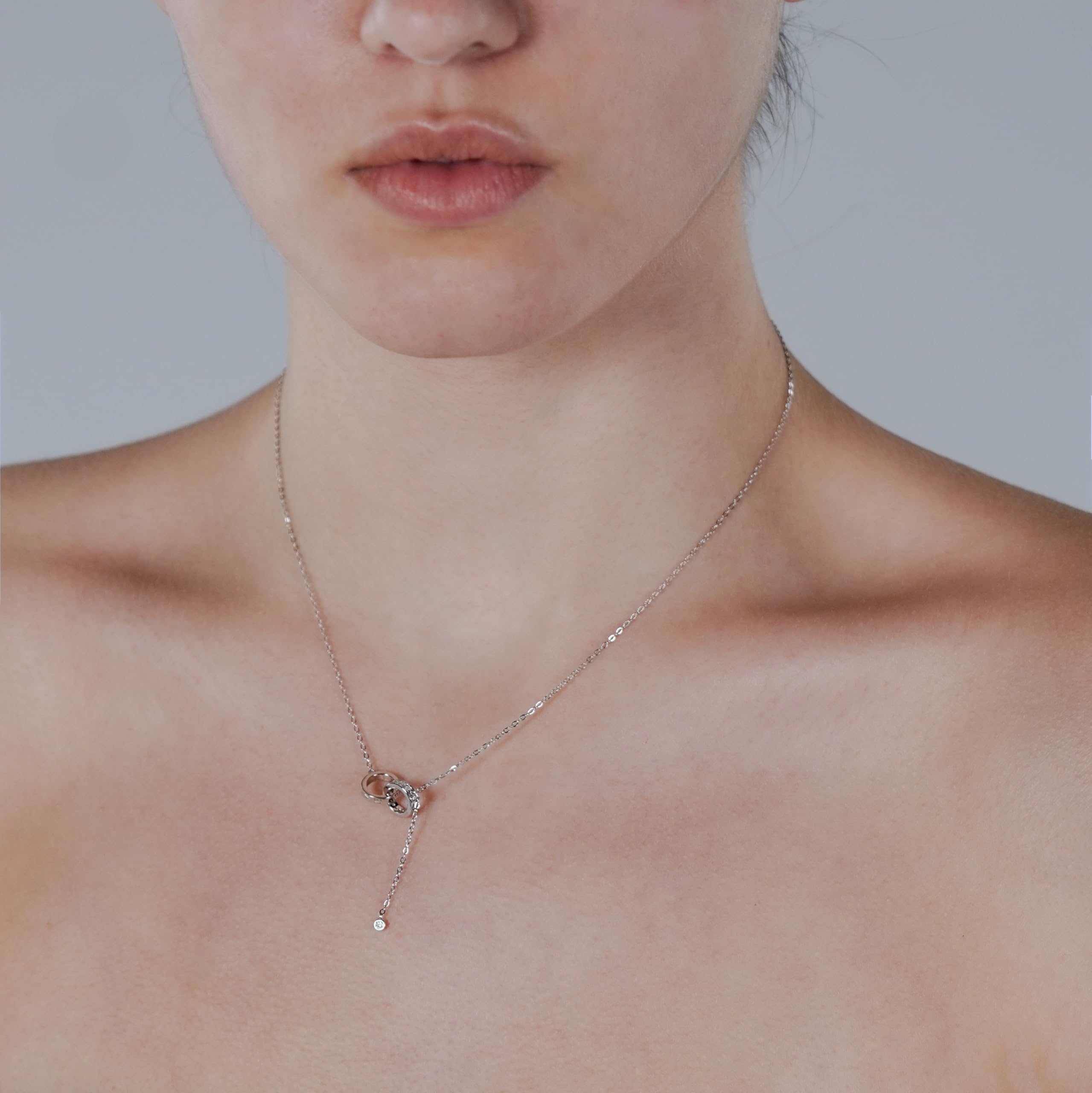 Collar para mujer de plata 925 con colgante de circonita cúbica/collar de llave/2 anillo/sonrisa regalos para mujer, regalo para mamá, joyas para mujer, One Size, Plata esterlina Acero