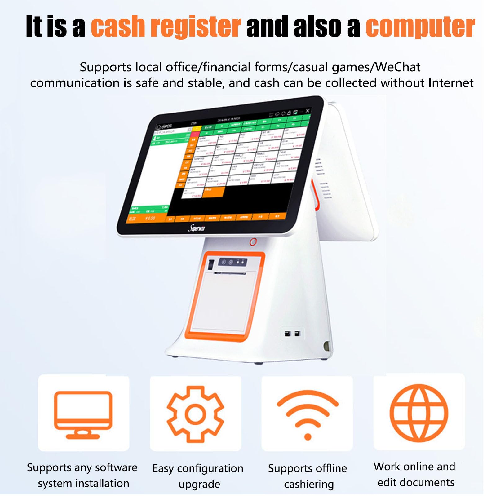 Wszystko w jednym Cash Register z podwójnym monitorem z ekranem dotykowym White | system POS dla małych firm, 4 GB pamięci RAM, 128 GB SSD, drukarka, szuflada na gotówkę i oprogramowanie