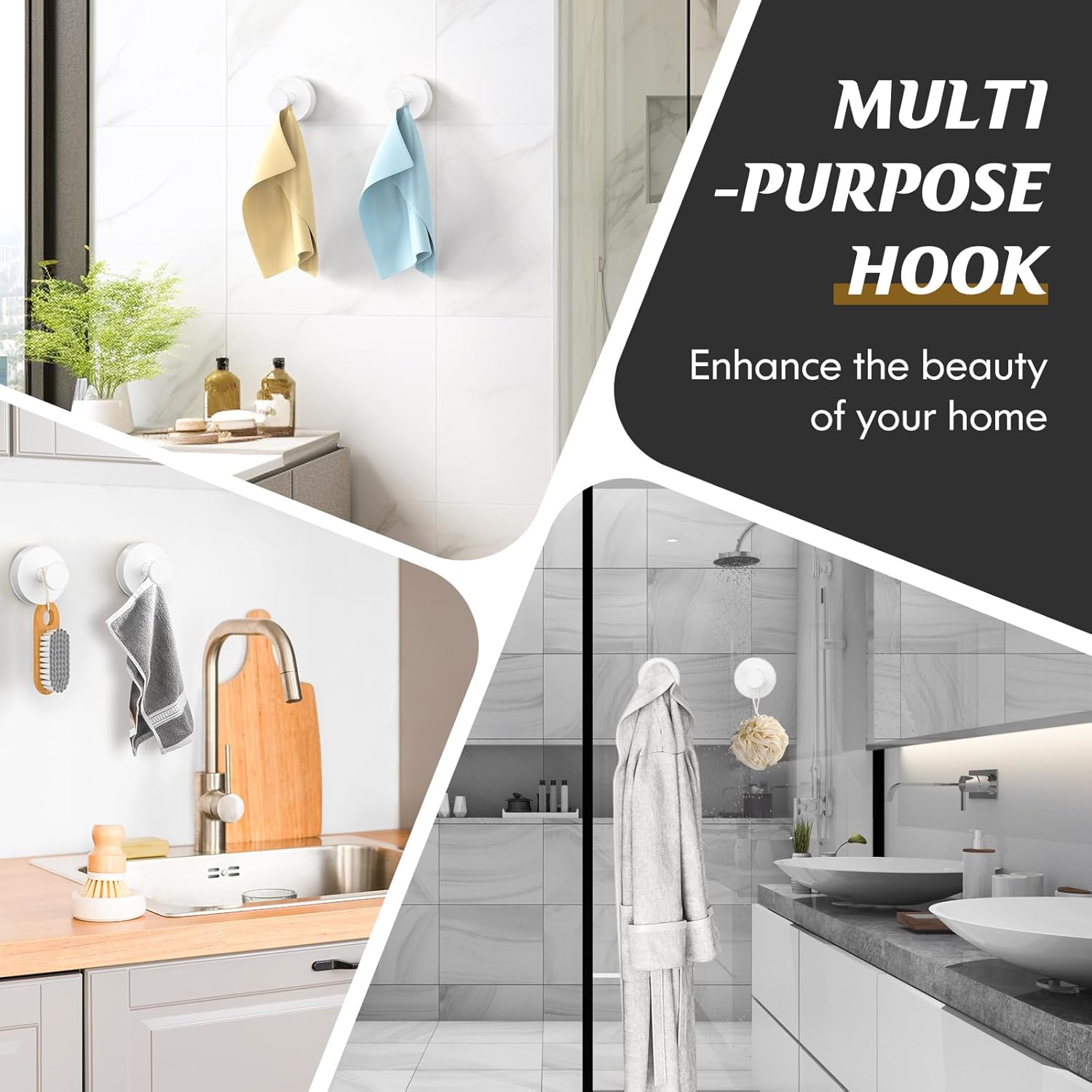 Suction Cup Hooks for Shower,Removable Shower Towel Suction Hooks for Bathroom Wall,Kitchen,Glass,Mirror,Tile to Hang Robes,Loofah-White(4-Pack)