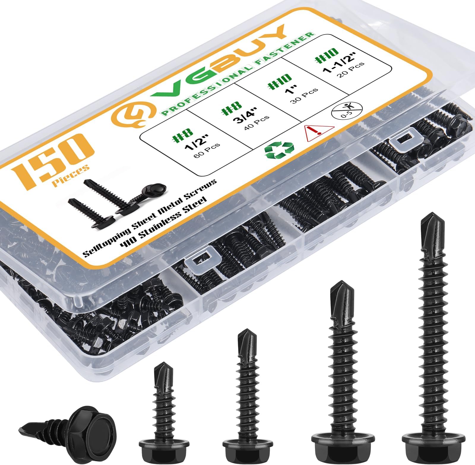 VGBUY 150Pcs Self Drilling Screws Assortment Kit, 410 Stainless Steel Self Tapping Sheet Metal Screws, Black Zinc Plated, #8 1/2" 3/4" #10 1" 1-1/2", Hex Washer Head
