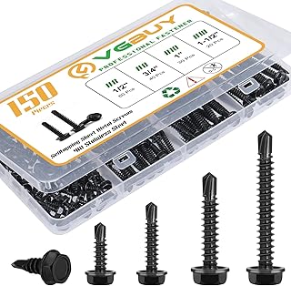 150Pcs Self Drilling Screws Assortment Kit, 410 Stainless Steel Self Tapping Sheet Metal Screws, Black Zinc Plated, #8 1/2" 3/4" #10 1" 1-1/2", Hex Washer Head