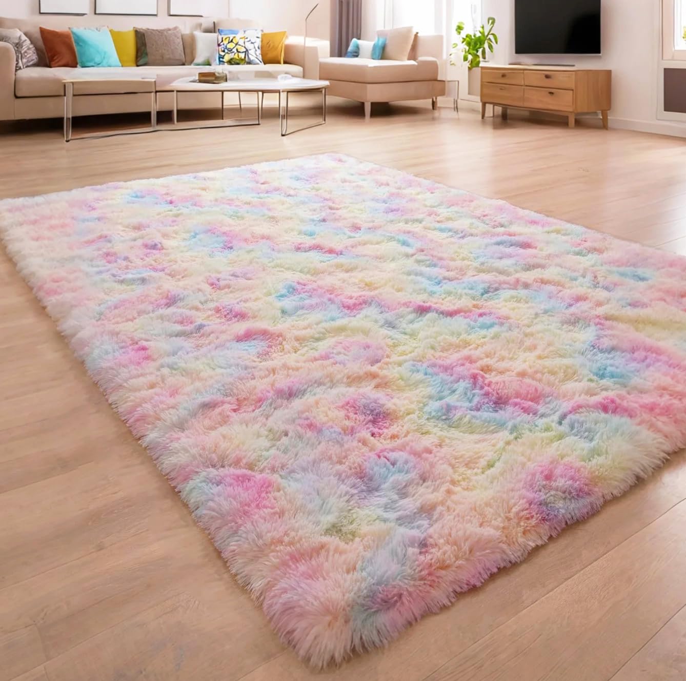 Beglad Rainbow Rug for Girls Bedroom, Fluffy Area Rugs 5x7 Feet Anti-Slip Modern Minimalist Style Memory Foam Rugs for Living Room, Indoor Carpet for Kids Room Decor