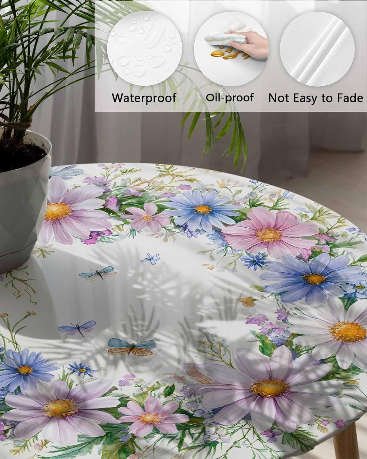 Spring Floral Fitted Tablecloth for Round Table, Colorful Daisy Flower Watercolor Table Cloth with Elastic Edged, Farmhouse Waterproof Wipeable Table Cloth for Kitchen Tabletop Decor 36x44 inches