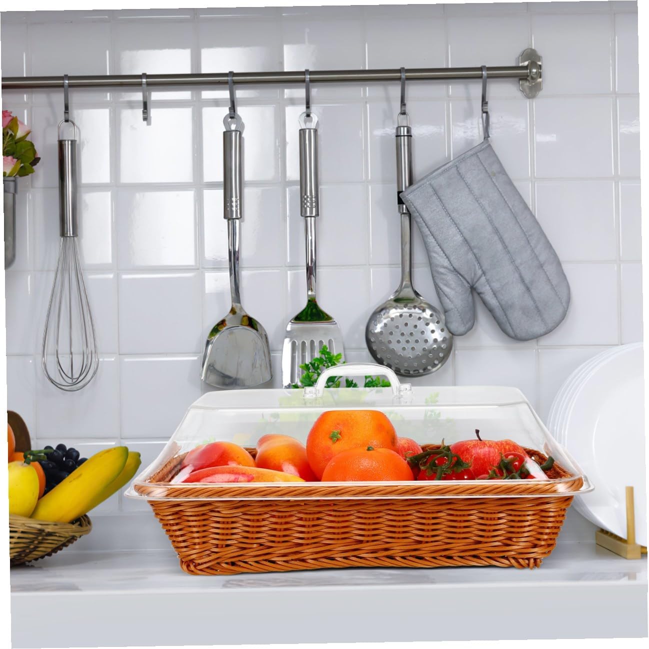 SOLUSTRE Rattan Basket with Lid 35x25x15cm Imitation Rattan Woven Bread Basket Multipurpose Kitchen Food Serving Tray for Picnic Restaurant