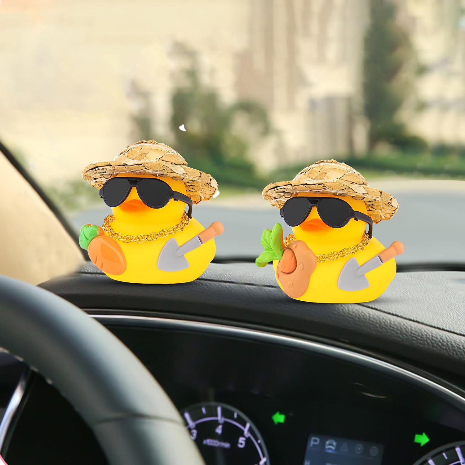 wonuu Car Gardenning Rubber Ducks, Dashboard Decorations Rubber Ducky for Car Ornament Planting Duck with Straw Hat, Glasses, Necklace, Shovel, Mud Radish