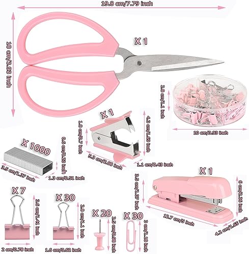 Miniatura 2 de Grapadora rosa, suministros de oficina rosa, juego de accesorios de escritorio para mujer con grapadora, removedor de grapas y 1000 grapas, clips,