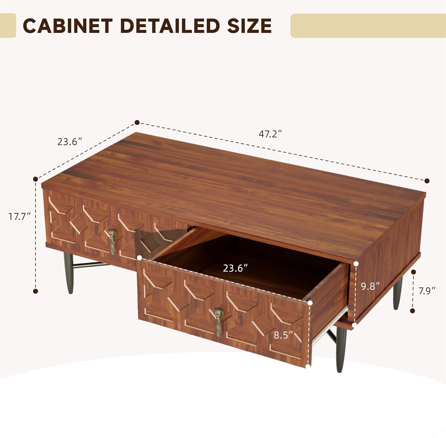 Farmhouse Coffee Table, Carved Decorative Center Table, Tea Table, Fluted Wooden Coffee Table with Storage for Living Room and Office. Walnut Brown