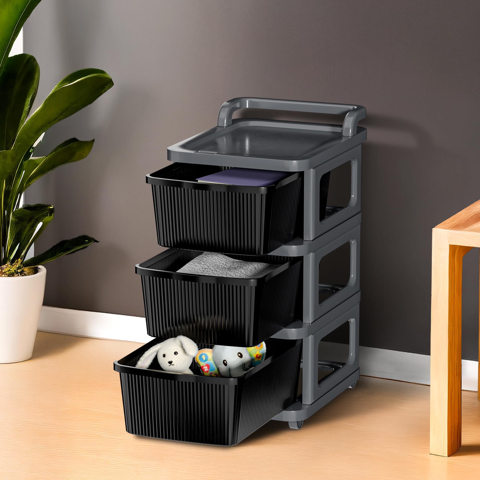 Kuber Industries 3 Layer Heavy Duty Plastic Storage Drawer with Wheels | Modular Cabinet for Bedroom, Office, Home | Chest of Drawers Organiser for Cosmetics, Kitchen items, Toys | Grey & Black