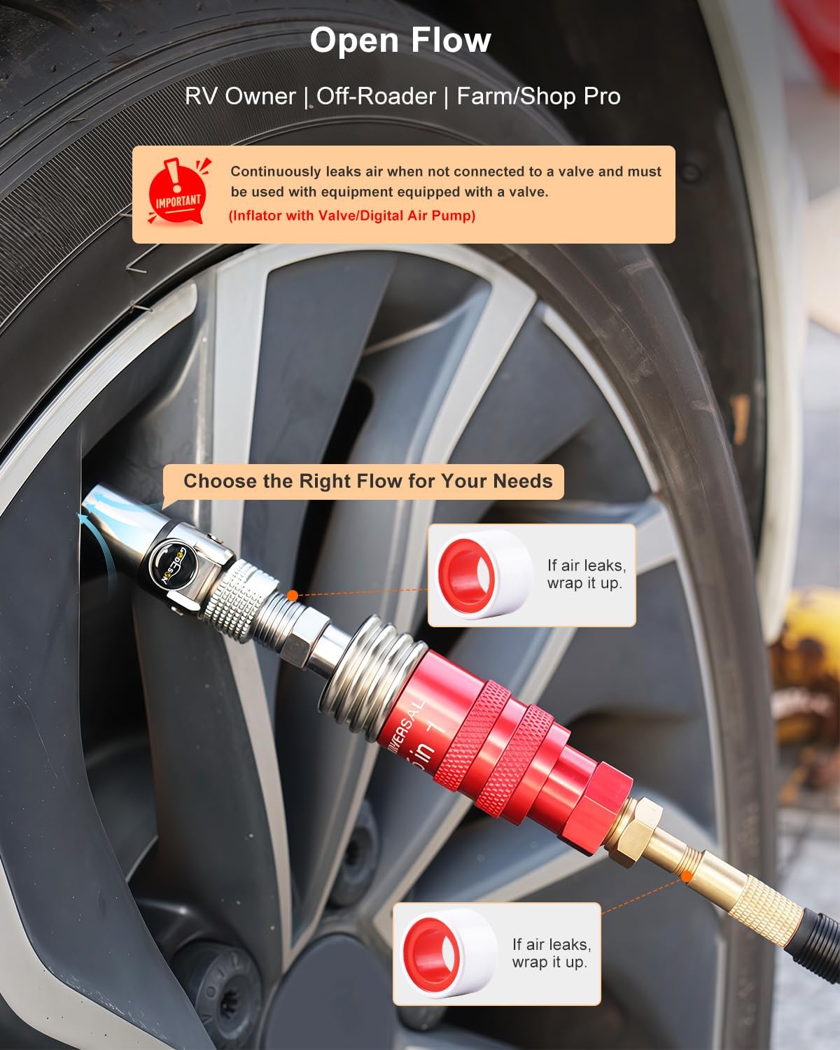 GODESON Locking Air Chuck - 12 Jaws Lock on Schrader Valve, 1/4" F-NPT Clip on Tire Chuck with 1/4" M-NPT to 8V1 Adapter and Quick Plug, Compatible with Air Pump, Air Compressor - Open Flow