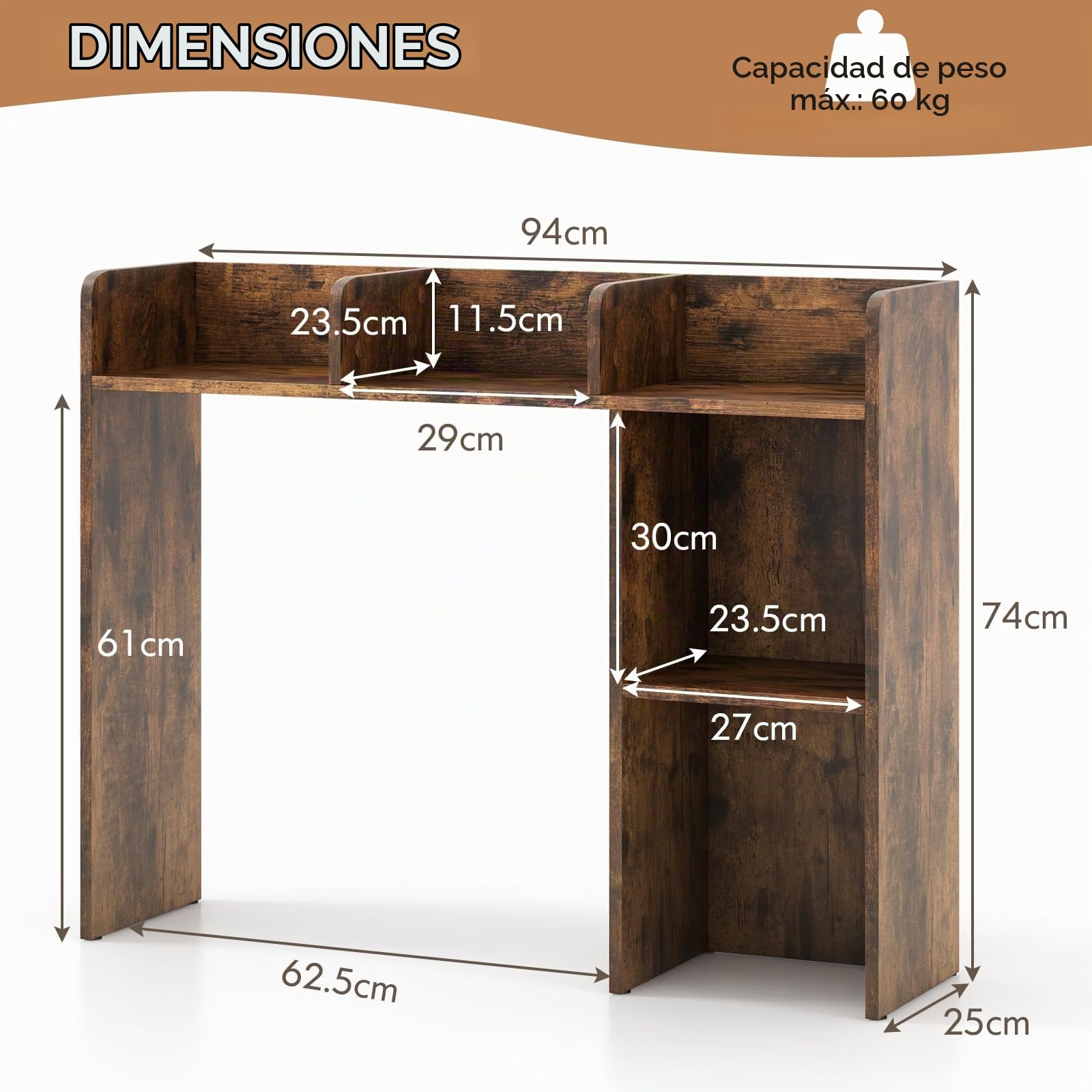 GIANTEX Estantería de Escritorio con 2 Compartimentos y 3 Estantes Abiertos, 94 x 25 x 74 cm, Organizador de Madera para Ahorrar Espacio (Marrón)