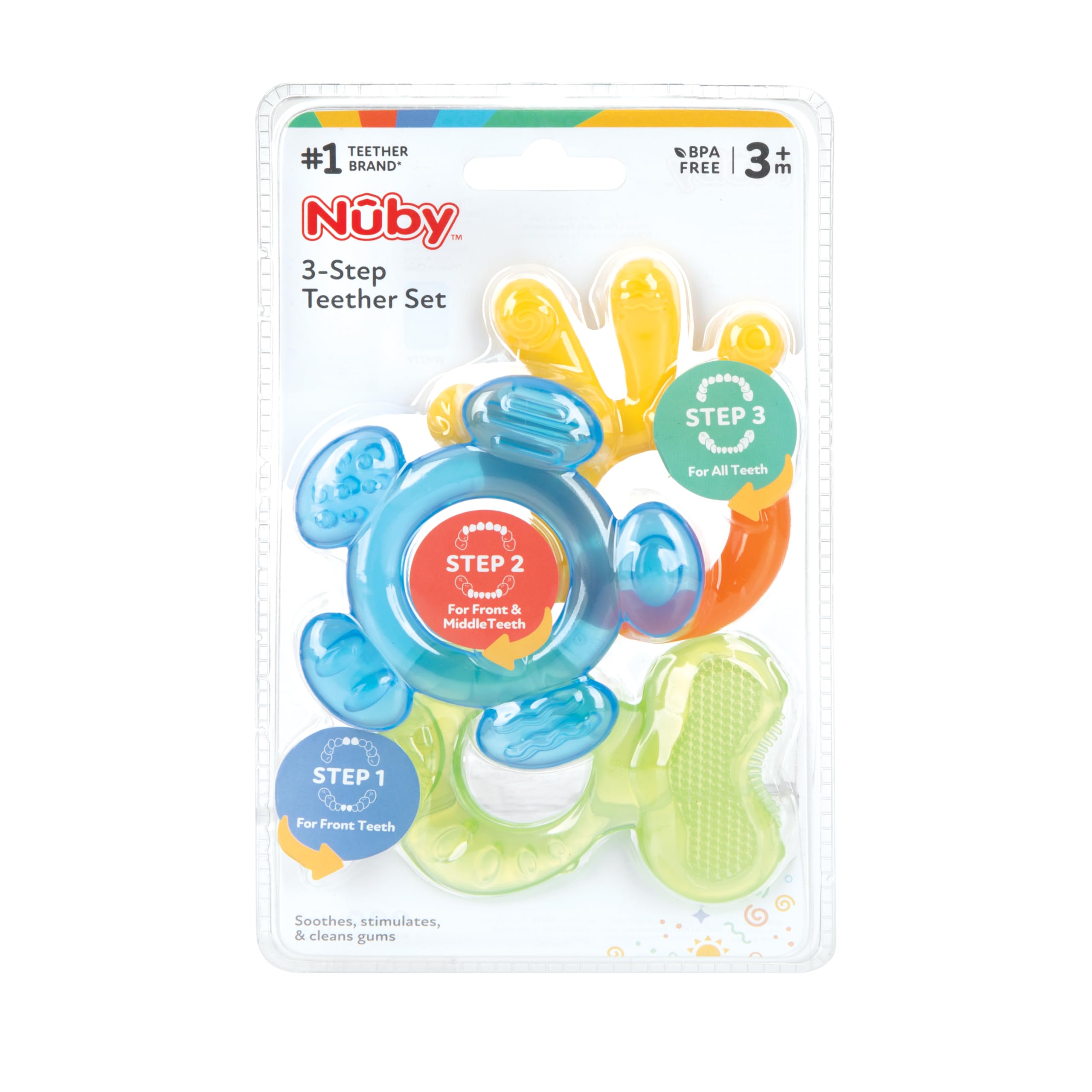 Nuby - 3-stopniowe pierścienie do ząbkowania - 3 pierścienie do stymulacji dziąseł i łagodzenia bólu ząbkowania - Zabawki do gryzienia dla dzieci - nie zawierają BPA - 3 miesiące