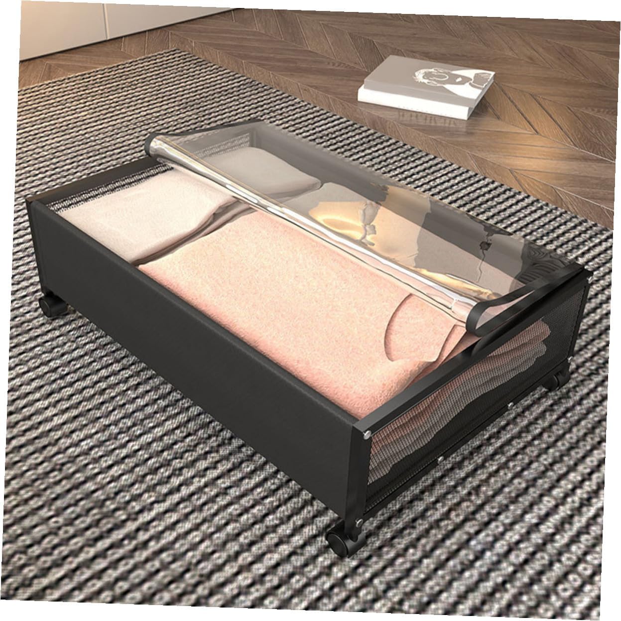 BESPORTBLE Under Bed Storage Basket with Wheels Sturdy Clothes and Organizer Container Dustproof Black Transparent Lid Low Profile Sundries Holder for Bedroom and Living