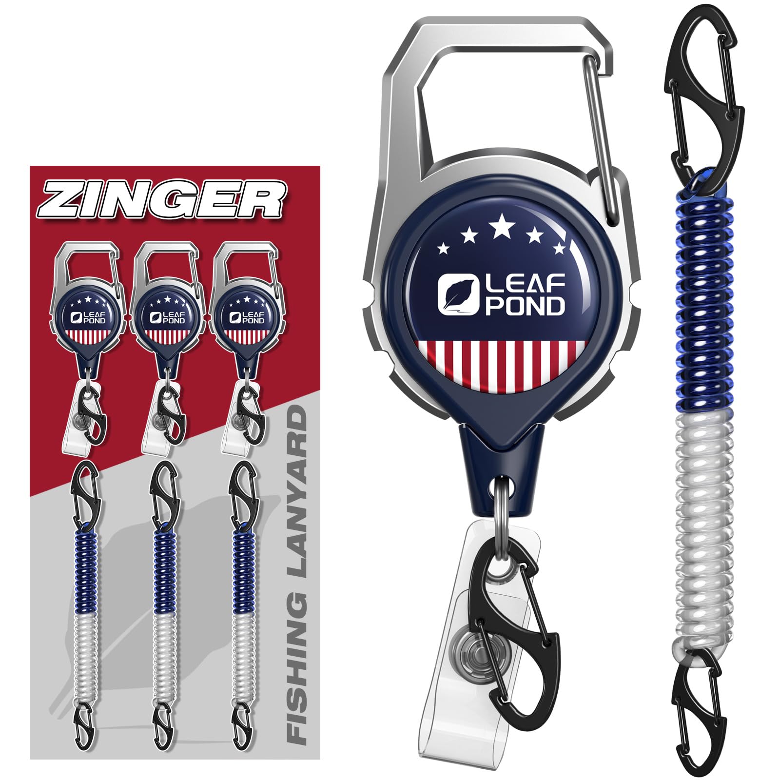 LEAF POND Fly Fishing Zinger: 3pc Retractor with 24" Dyneema Cord(5oz) & Badge Id Holder Strap. 3pc Retractable Coiled Lanyard 32", Gifts for Men's