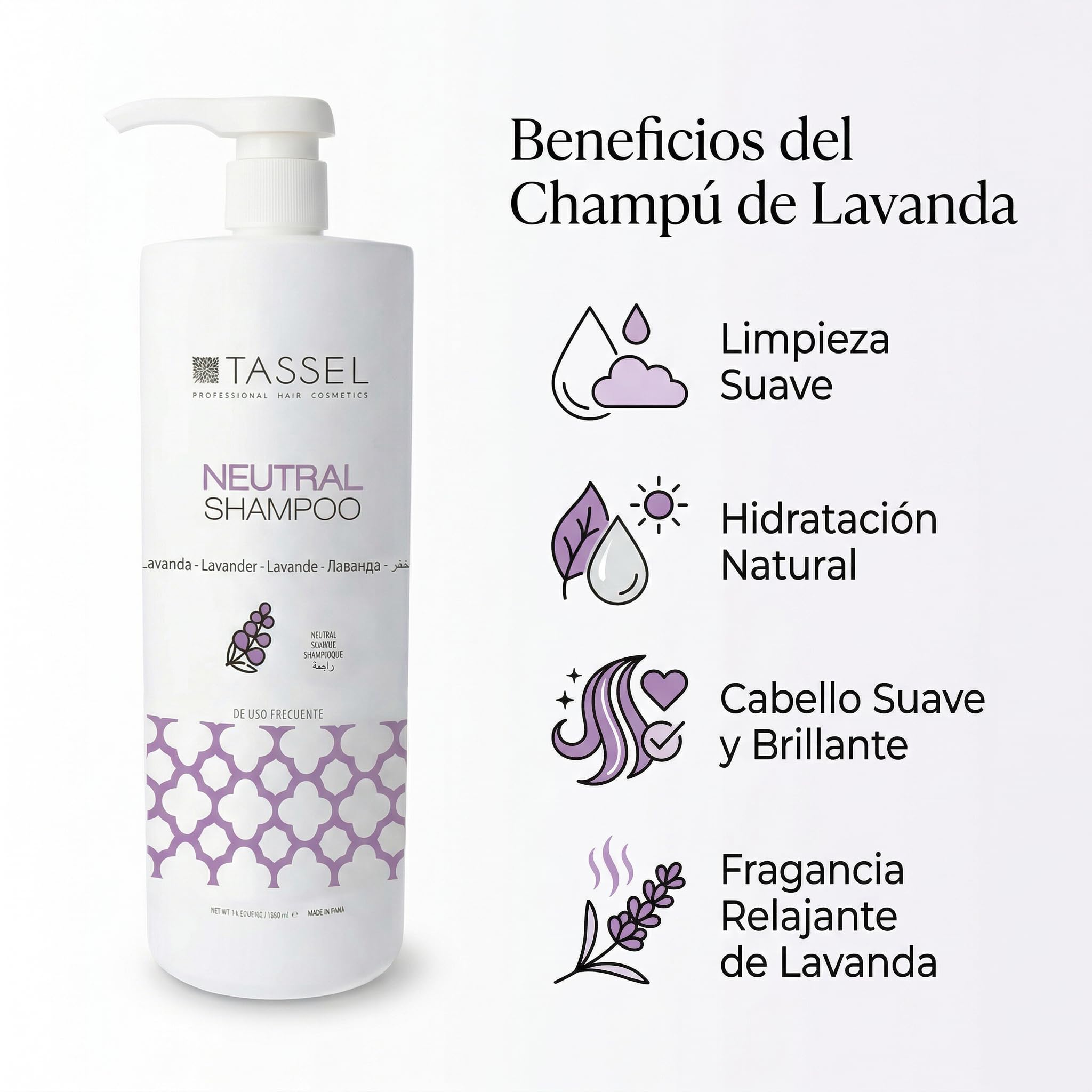 Champú Profesional Neutro Lavanda 1L x6 – Champú Profesional Peluquería para Todo Tipo de Cabello – Limpieza Suave Uso Diario y Equilibrado – Champú Formato Ahorro Grande Familiar (Pack de 6)