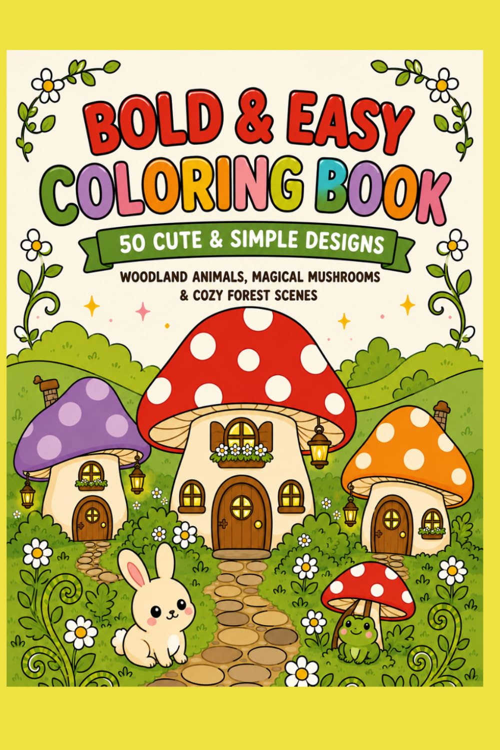 MUSHROOM MEADOWS Bold & Easy Coloring Book 50 Cute & Simple Designs Woodland Animals, Magical Mushrooms & Cozy Forest Scenes