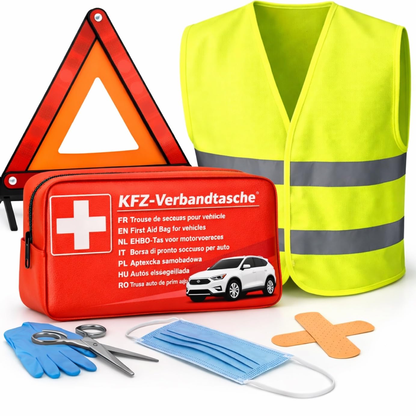 OwnWheel 3 in 1- Set KFZ Pannenset geprüft 2026 & Autozubehör - Auto Erste Hilfe Set mit Verbandskasten & Warnweste & Warndreieck für StVO