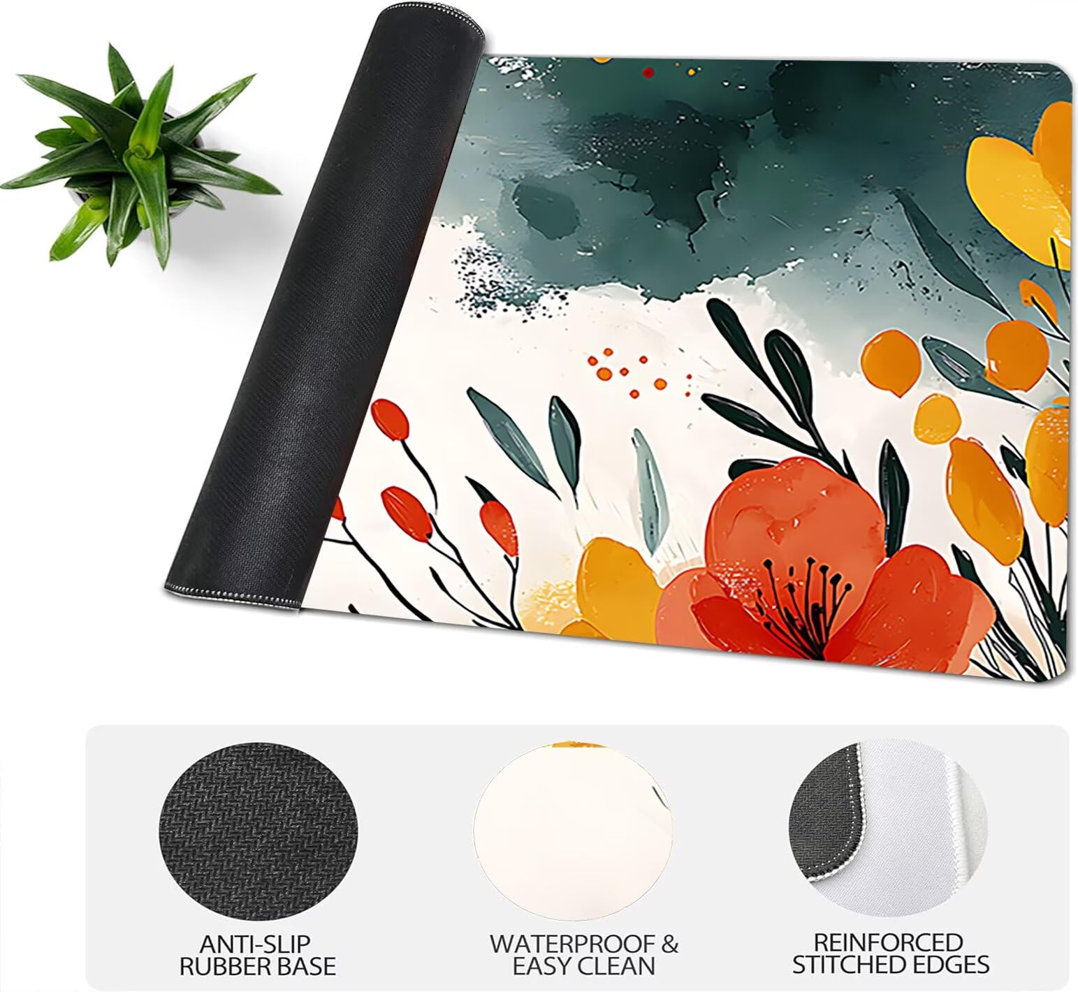 Gamingowa podkładka pod mysz XXL, 1600 x 800 x 3 mm, kwiatowa, antypoślizgowa podkładka pod mysz XXL, biała, duża, podkładka na biurko, nadaje się do prania, antypoślizgowa gumowa podstawa, podkładka