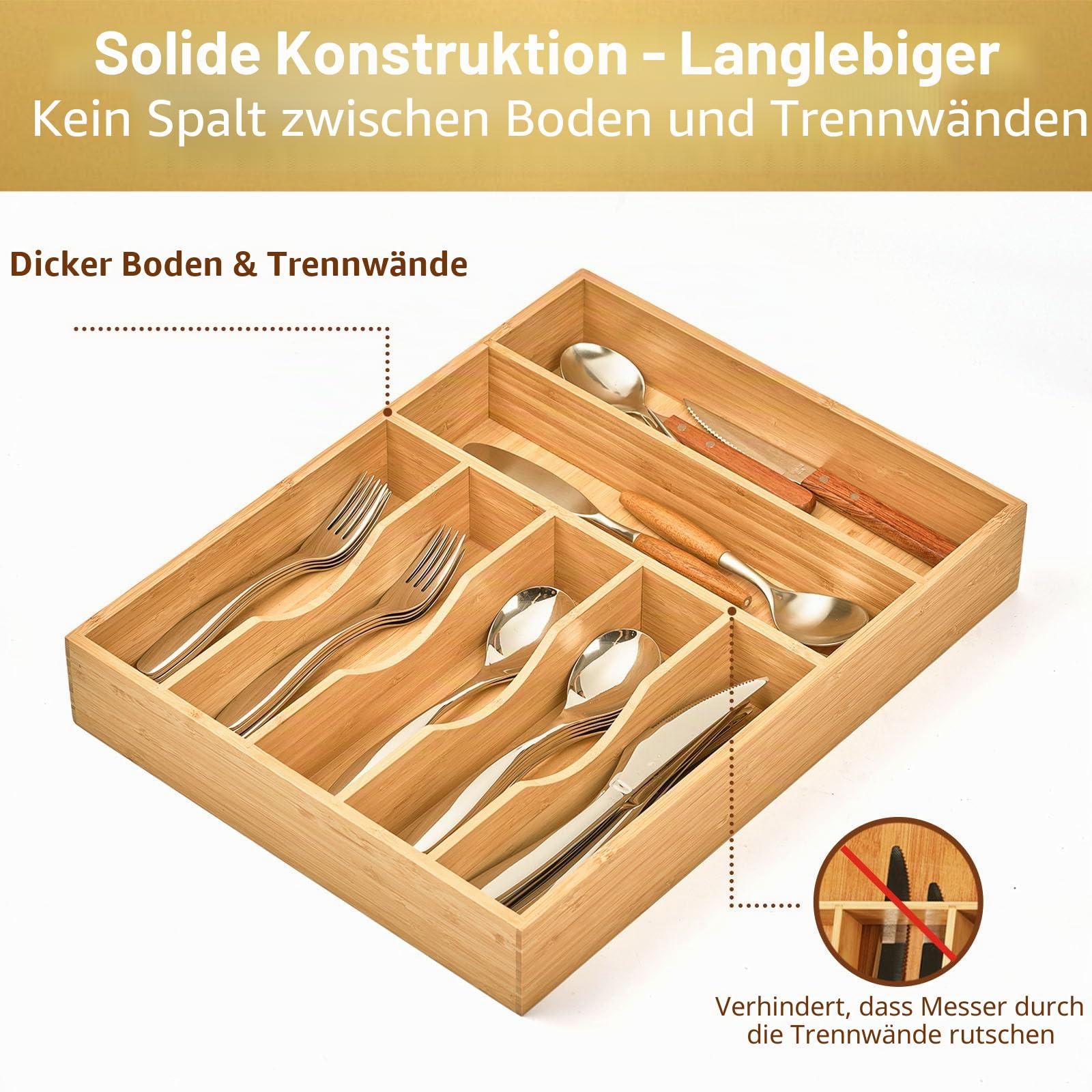 Umilife Bambus-Küchenschubladen-Organizer, 33 cm, Besteckkasten, extra tief, gerillte Schubladen-Trennwand, 7 Fächer, insgesamt Bambus-Holz-Caddy für Besteck, Messer, Gabeln, Löffel