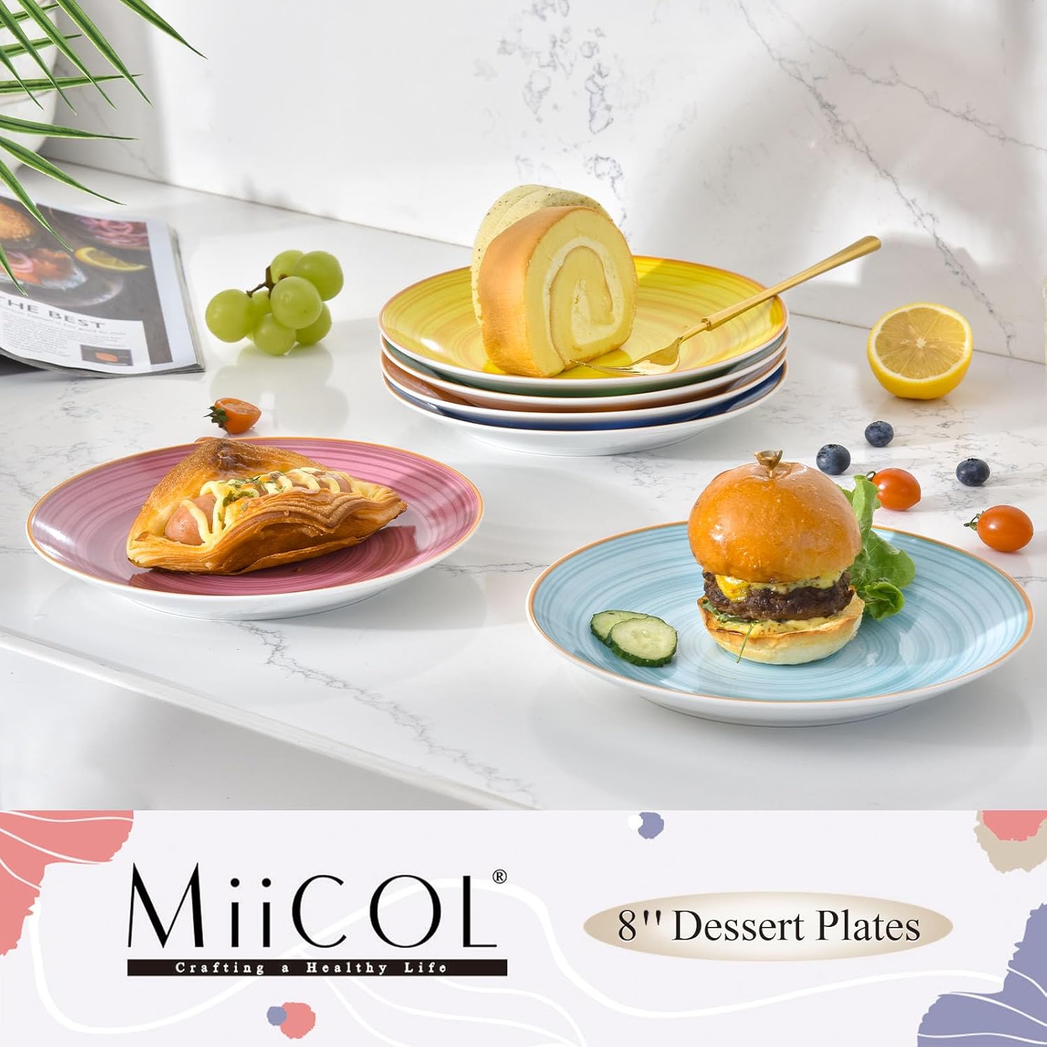 Miicol Ceramic Dessert Plates Set of 6, Colorful Appetizer Plates 8 Inch, Stackable Salad Dishes, Small Dinner Plates, Durable Dinnerware for Kitchen, Party, Wedding, Microwave and Dishwasher Safe - Image 2