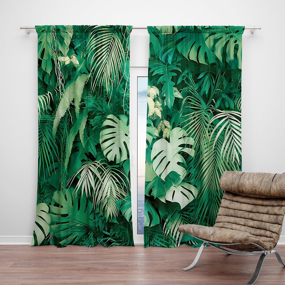 82 x 84 Inches Tropical Palm Leaves Summer Window Curtain Plant Jungle Garden Nature Eco Theme Plant Living Room Balcony Bedroom Decoration Window Decor Drapes 2 Panel