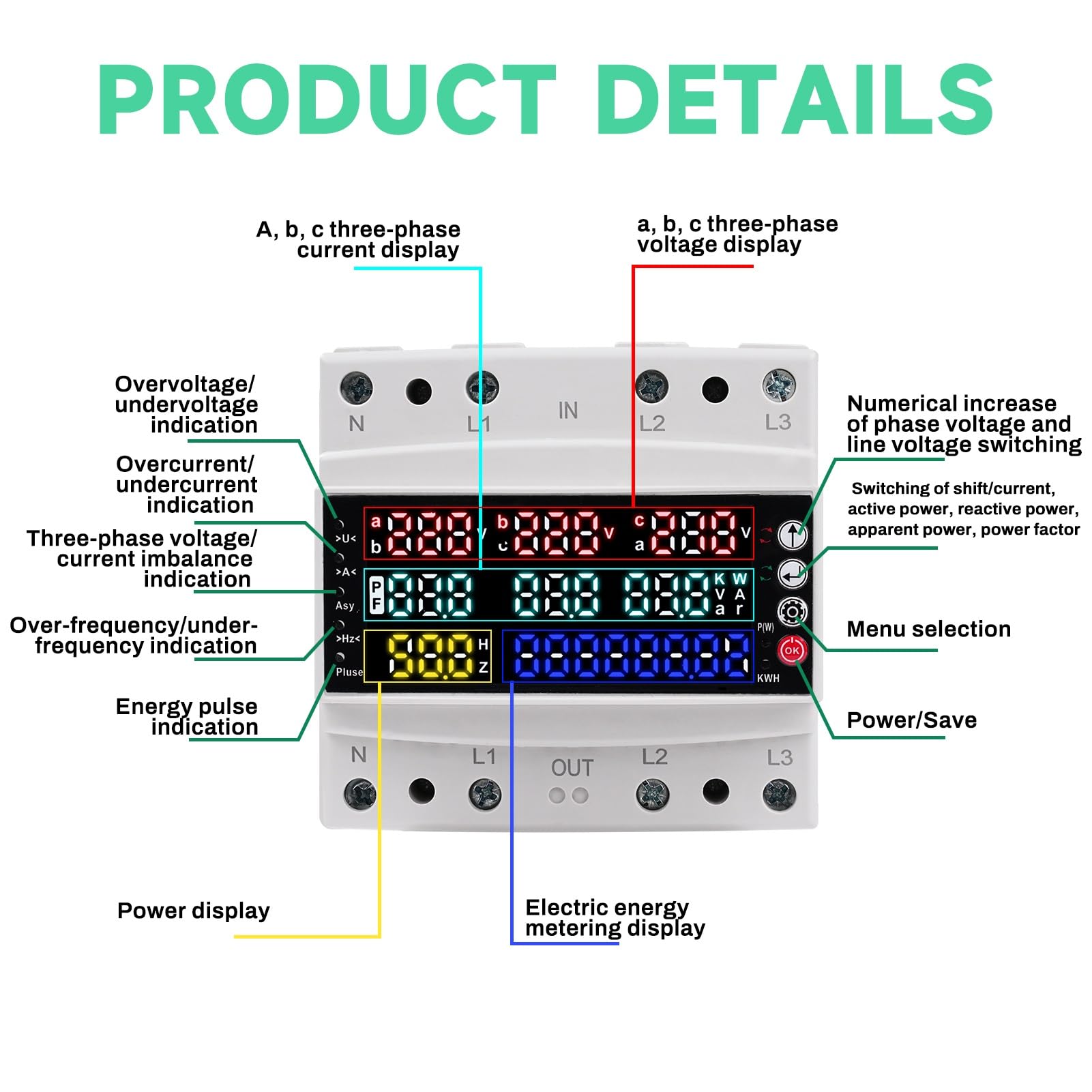 Jadeshay Contatore Energia Elettrica Trifase, Misuratore Consumo Elettrico Digitale Multifunzione Con Protezione Da Sovratensione, Protezione Da Sottotensione, Protezione Da Sovracorrente 230V 100A