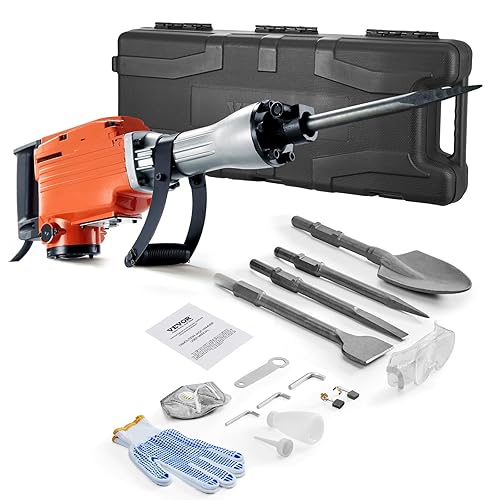 Miniatura 10 de VEVOR Martillo de demolición martillo eléctrico de 2200 W resistente 1400 BPM para hormigón 4 piezas cinceles astillado con funda guantes