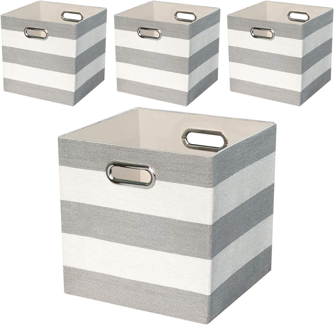 Posprica 3X Thicker Storage Bins Storage Cubes,11×11 Collapsible Storage Boxes Containers Organizer Baskets for Nursery,Office,Closet,Shelf - 4pcs, Grey-white Striped