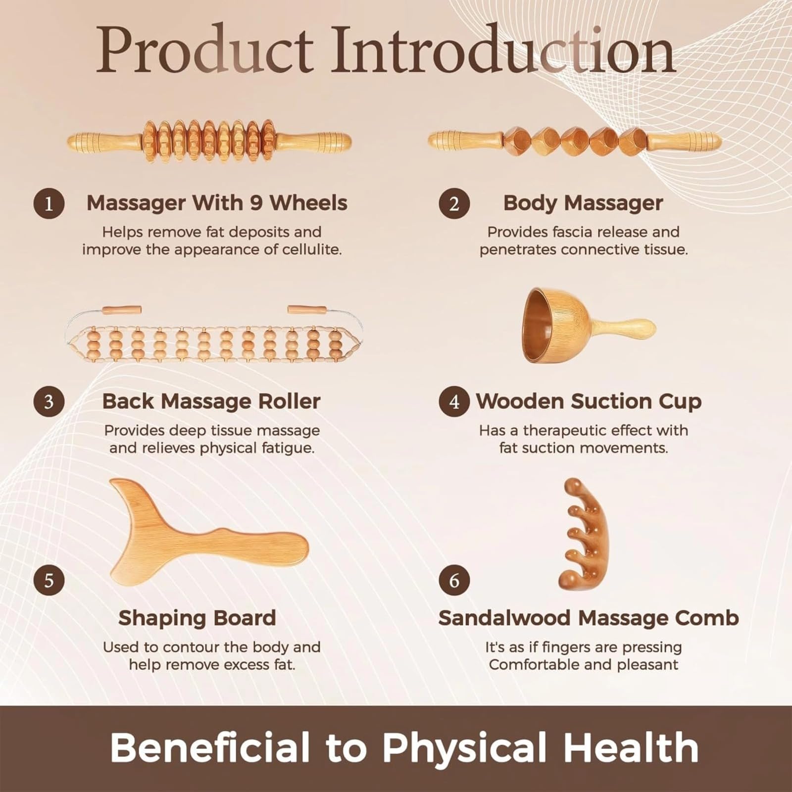 Kit de massage en bois 6 en 1 pour drainage lymphatique et modelage du corps, kit professionnel de madérotérapie, avec rouleau de fascia, planche Gua Sha et corde de massage pour un traitement