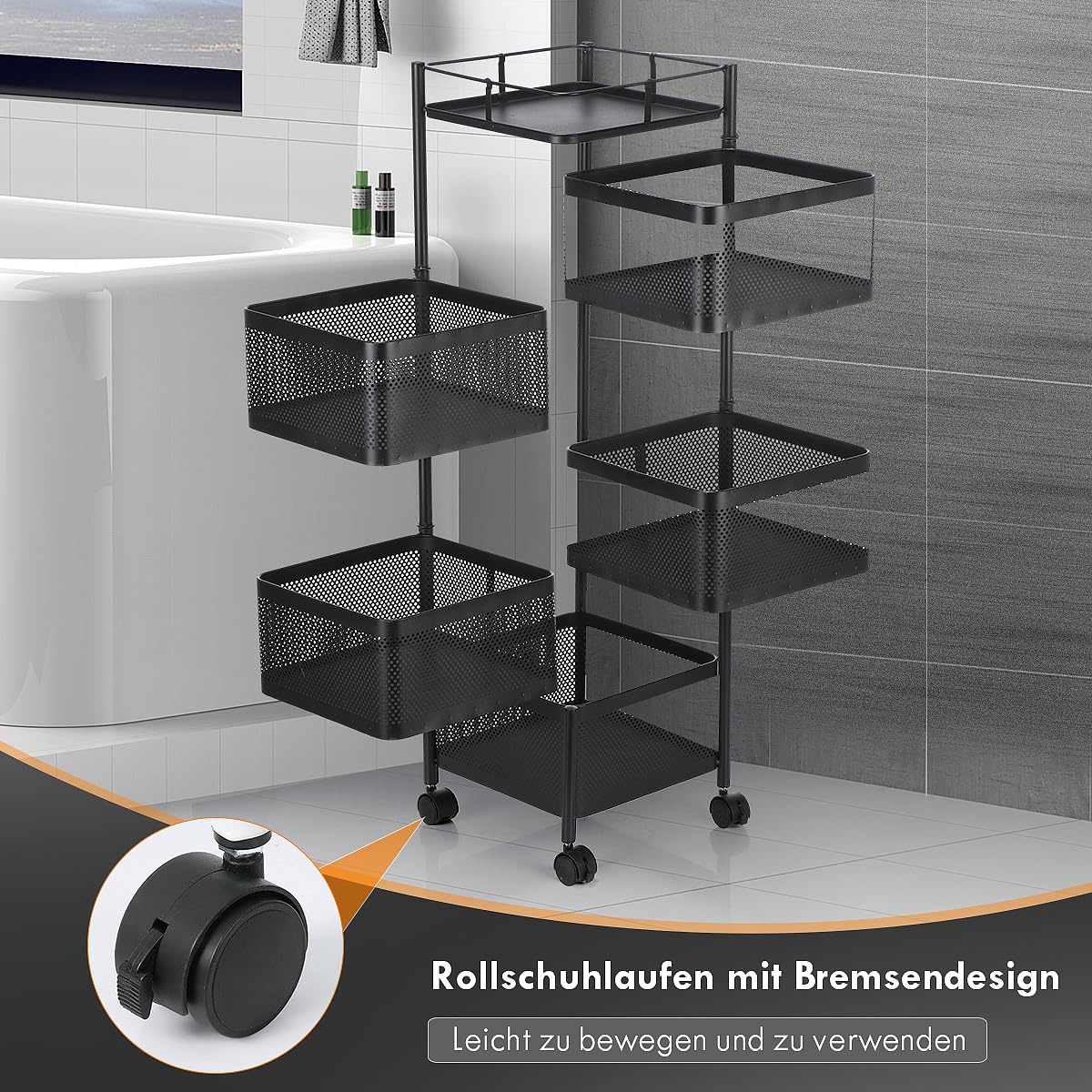 Gemüseregal Küchenwagen Universall multifunktionales Regal Küchen rollwagen Obstkorb Aufbewahrungsbehälter Obstwagen mit Rollen Küchenregal Organizer für Küche, Badezimmer und Büro Schwarz 5 Fächer