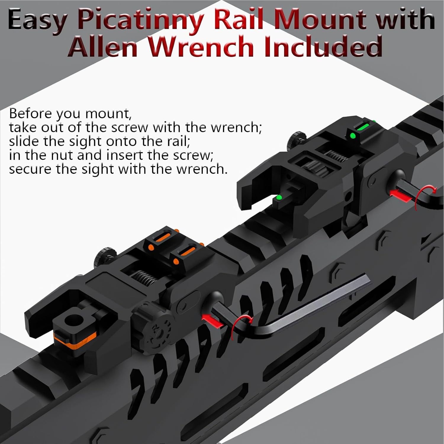 Fiber Optic Sights Flip Up Front and Rear Sites with Green and Red Fiber Optics Dots, Tool-Free Adjustment Front and Rear Backup Sight