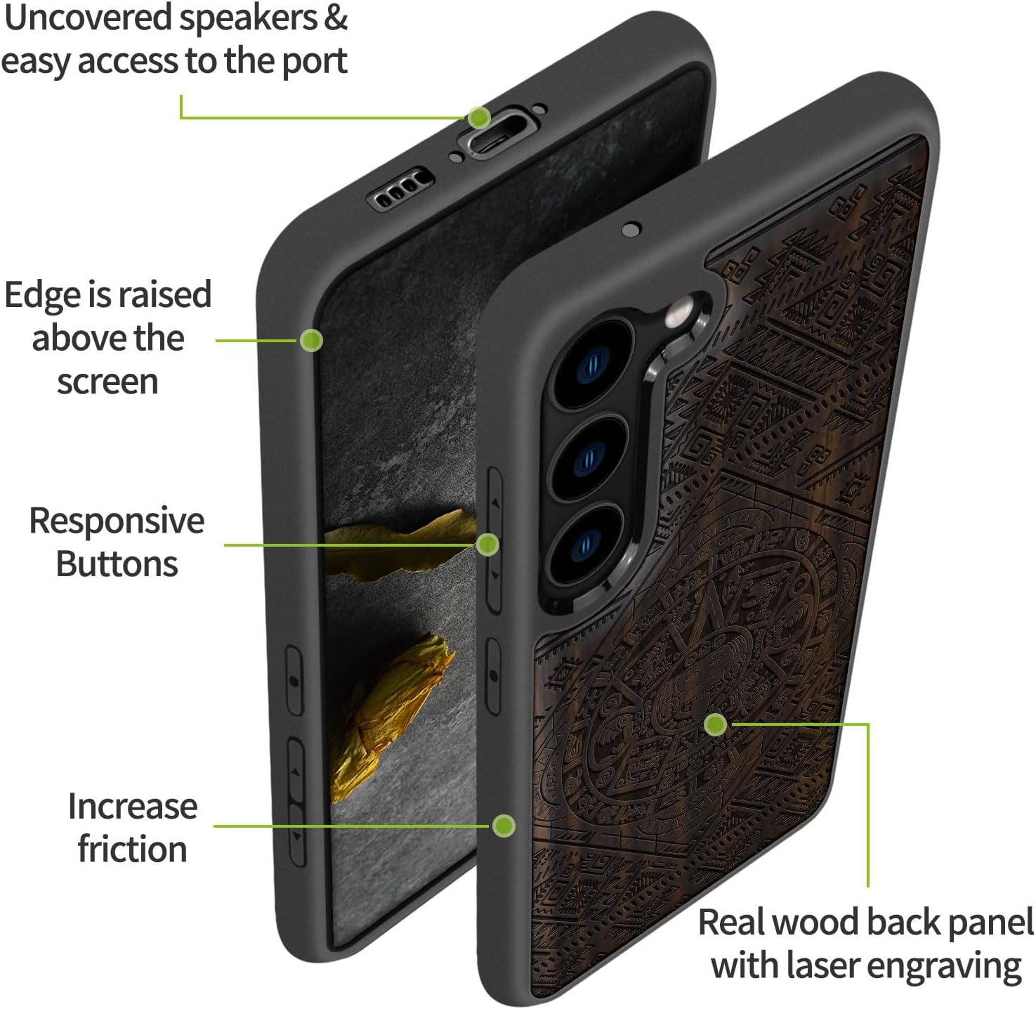 Carveit Wood Case for Galaxy S23 Case [Natural Wood & Black Soft TPU] Shockproof Protective Cover Unique Wooden Design Compatible with Samsung S23 (Aztec Calendar-Blackwood)