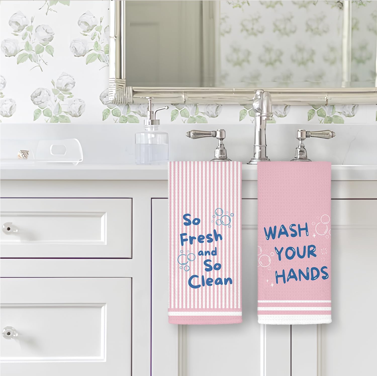 Pink Funny Kids Bathroom Hand Towels, Trendy Preppy Wash Your Hands So Fresh and So Clean Decorative Hand Towels for Kids Girls Bathroom Decor, 16x24 Inch Set of 2 - Image 6