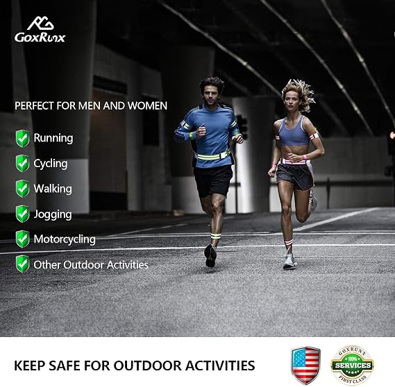 GoxRunx Reflective Bands Running Gear 6 Pack-Adjustable Reflective Armband Arm Wrist Ankle Leg Bands Reflectors -Reflective Tape Straps for Clothing Night Running Cycling Walking -Slap Bracelets