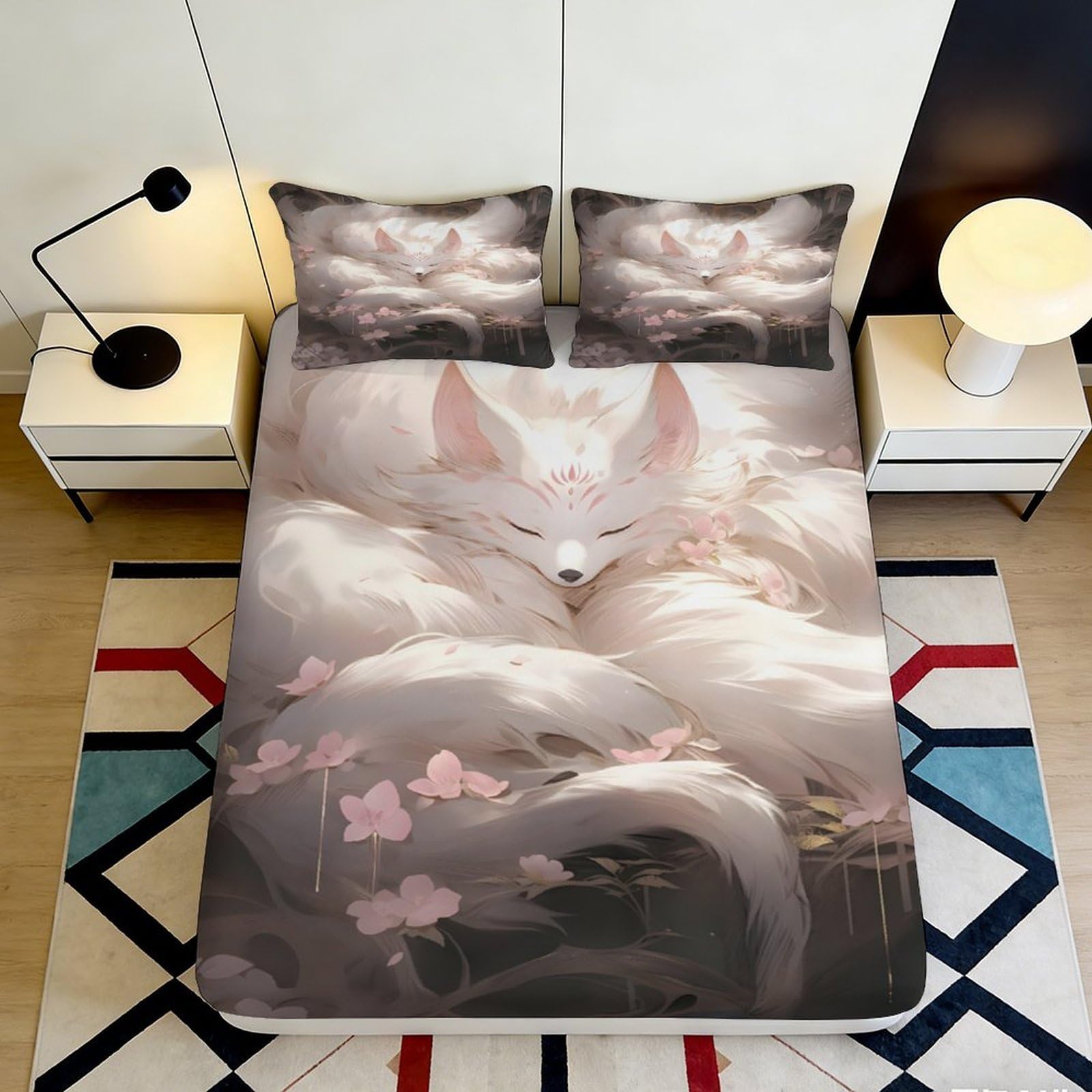 3D Printed White Fox Fitted Sheet Microfiber Soft Breathable Floral Bed Sheet for Bedroom Dormitory Guest Room Mattress Protection Decor 90x200x25cm