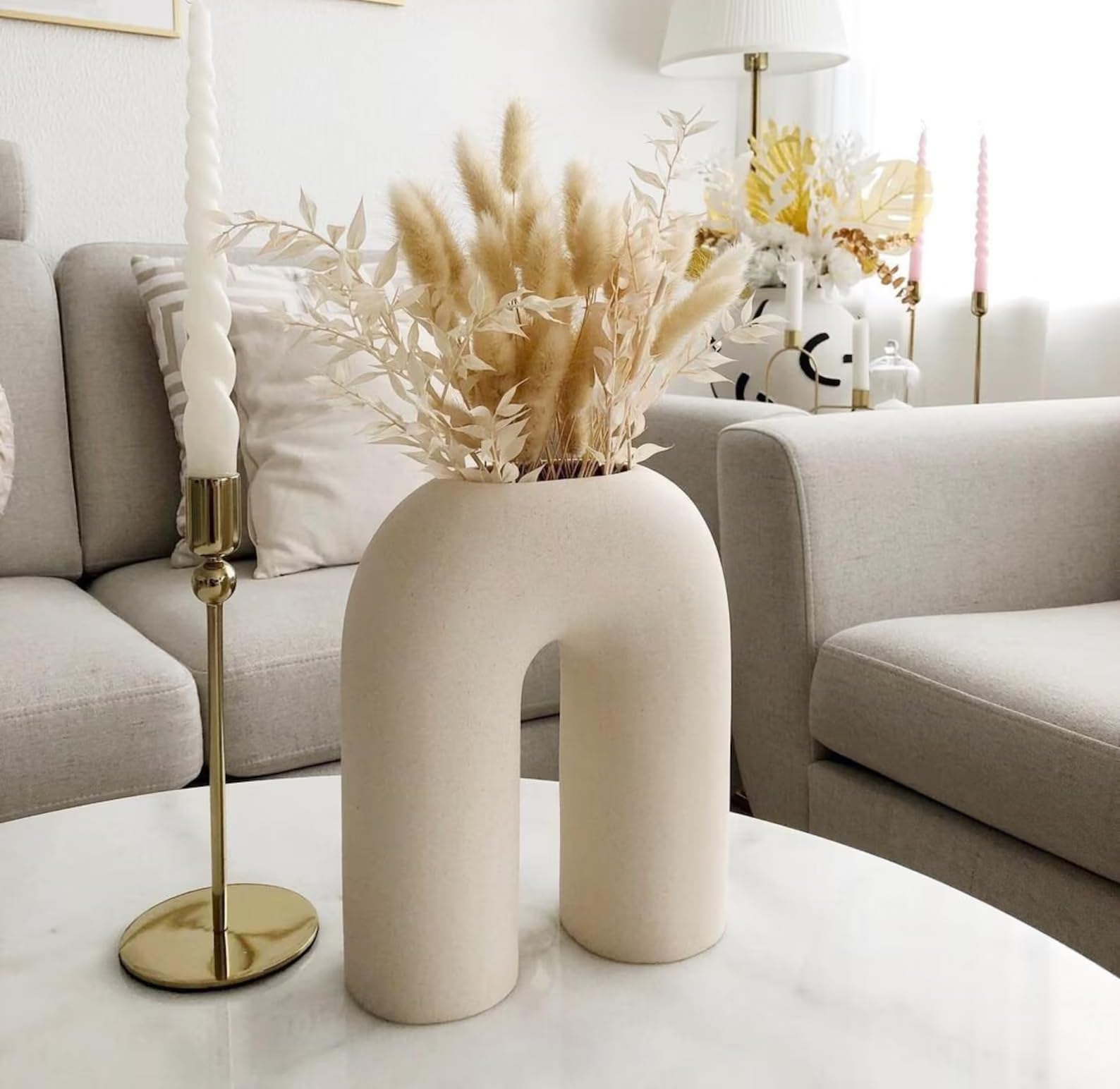 URBAN SENSE™ | U Shape Ceramic Minimalist White Flower Vase | Inverted U Shape vase | Pampas Grass Vase | Ceramic Vase | Home Decor Centrepiece | vase for Home Decor | Finish Matte (White)-image-29