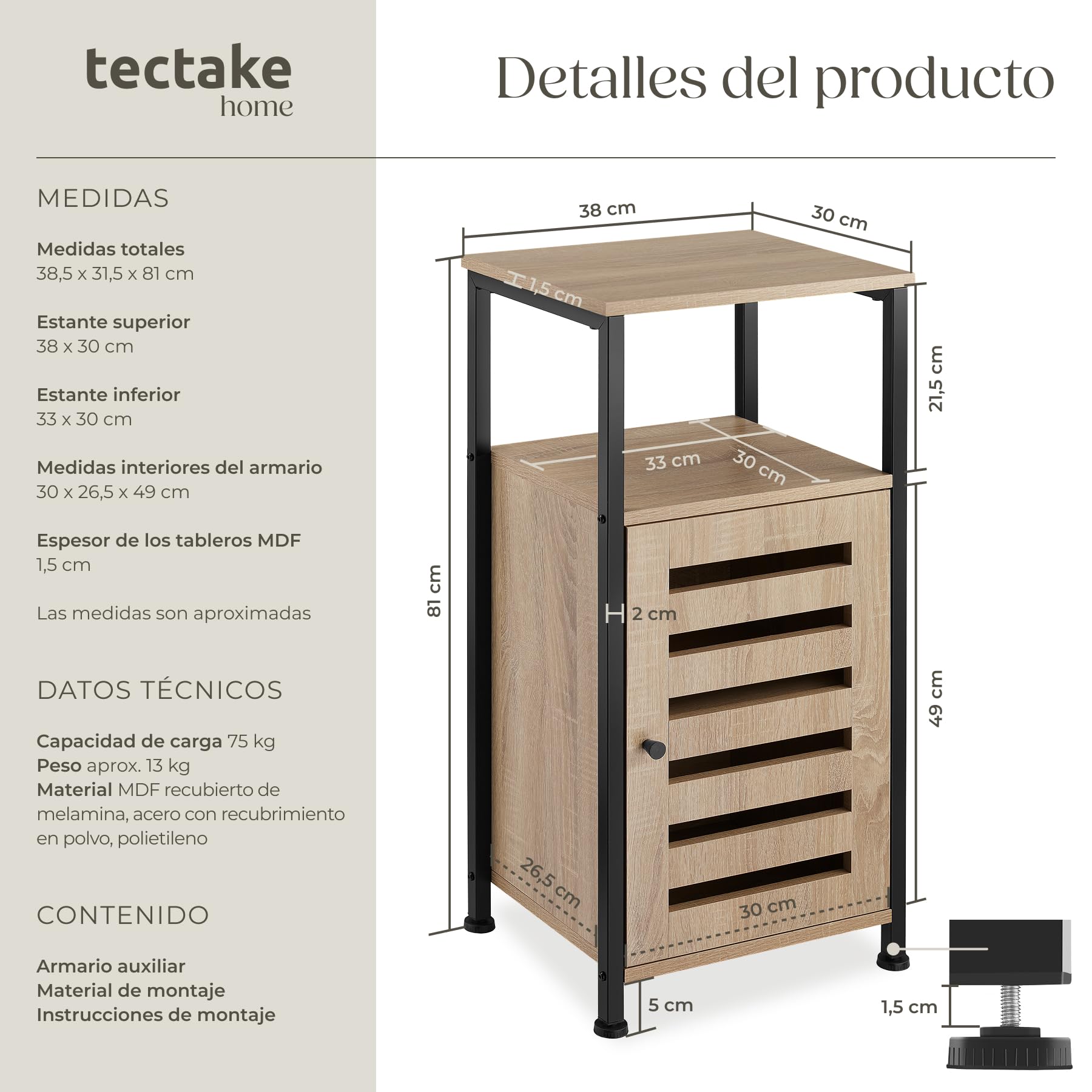 tectake® Mesa Auxiliar Salon Estilo Industrial 2 Estantes y Puerta, Mesita de Noche, Decoracion Hogar, Mesitas de Noche, Mesita Auxiliar - 31,5 x 38,5 x 81 cm Madera Industrial Clara, Roble Sonoma