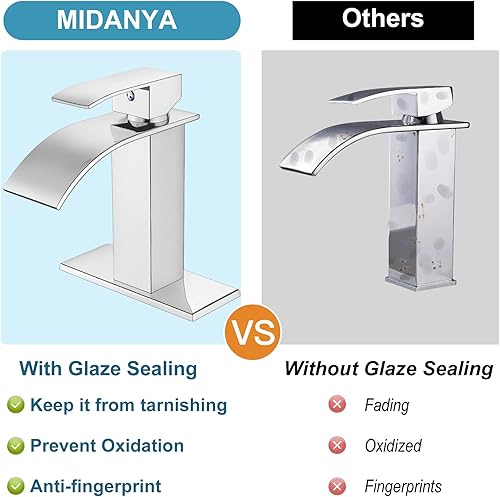 Miniatura 9 de Midanya Grifo de lavabo de baño con boquilla de cascada pulido cromado de un solo mango 1 orificio para lavabo grifo mezclador de agua caliente y