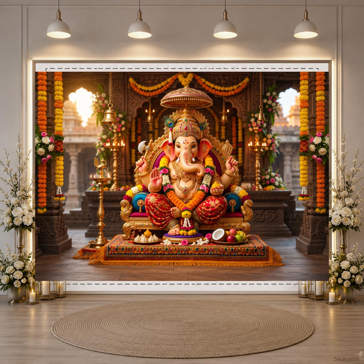Ganesha Backdrop Cloth for Decoration 7 x 5 FT | Ganpati Theme Photography Background Banner | Fabric Curtain for Ganesh Chaturthi, Pooja, Mandir, Haldi, Baby Shower, Annaprashan, Seemantham-image-44
