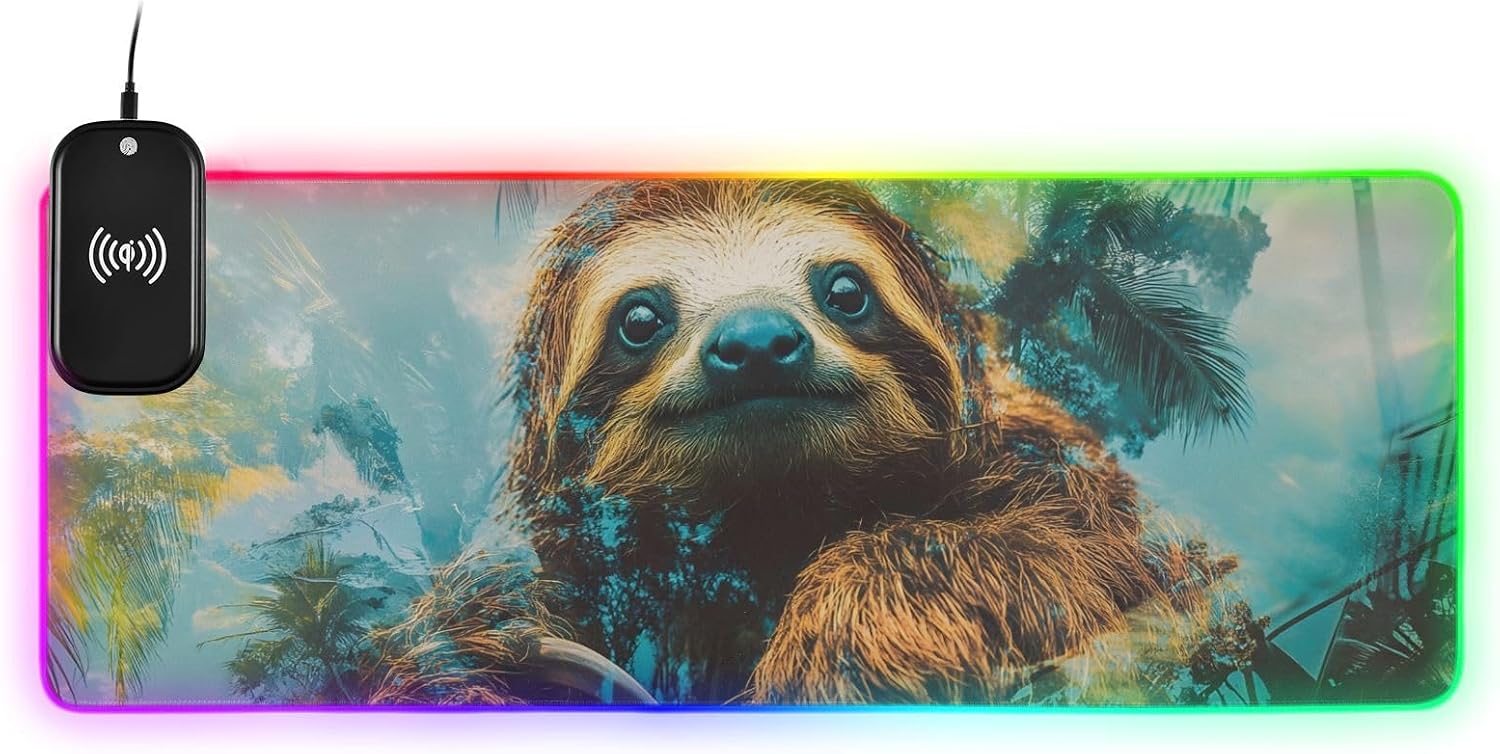 Jungle Sloth Mouse Pad for Gaming with Wireless Charging, Extended LED Mousepad with 14 Light Effects Medium