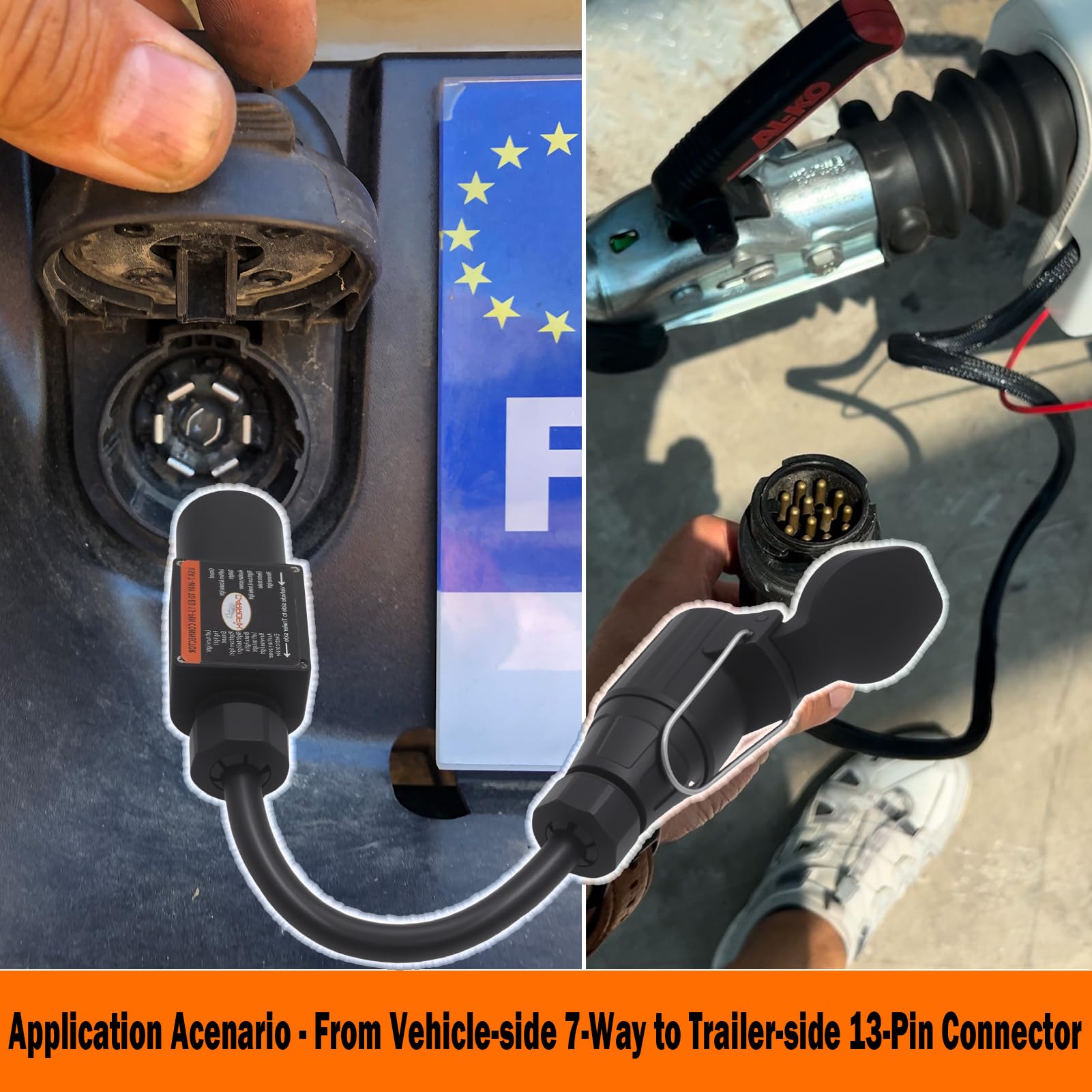 Truck to Trailer Light Converter, US Vehicle Socket 7-pole RV Blade to European Trailer 13 Pin Plug, PA Housing (7-fach to 13-polig)