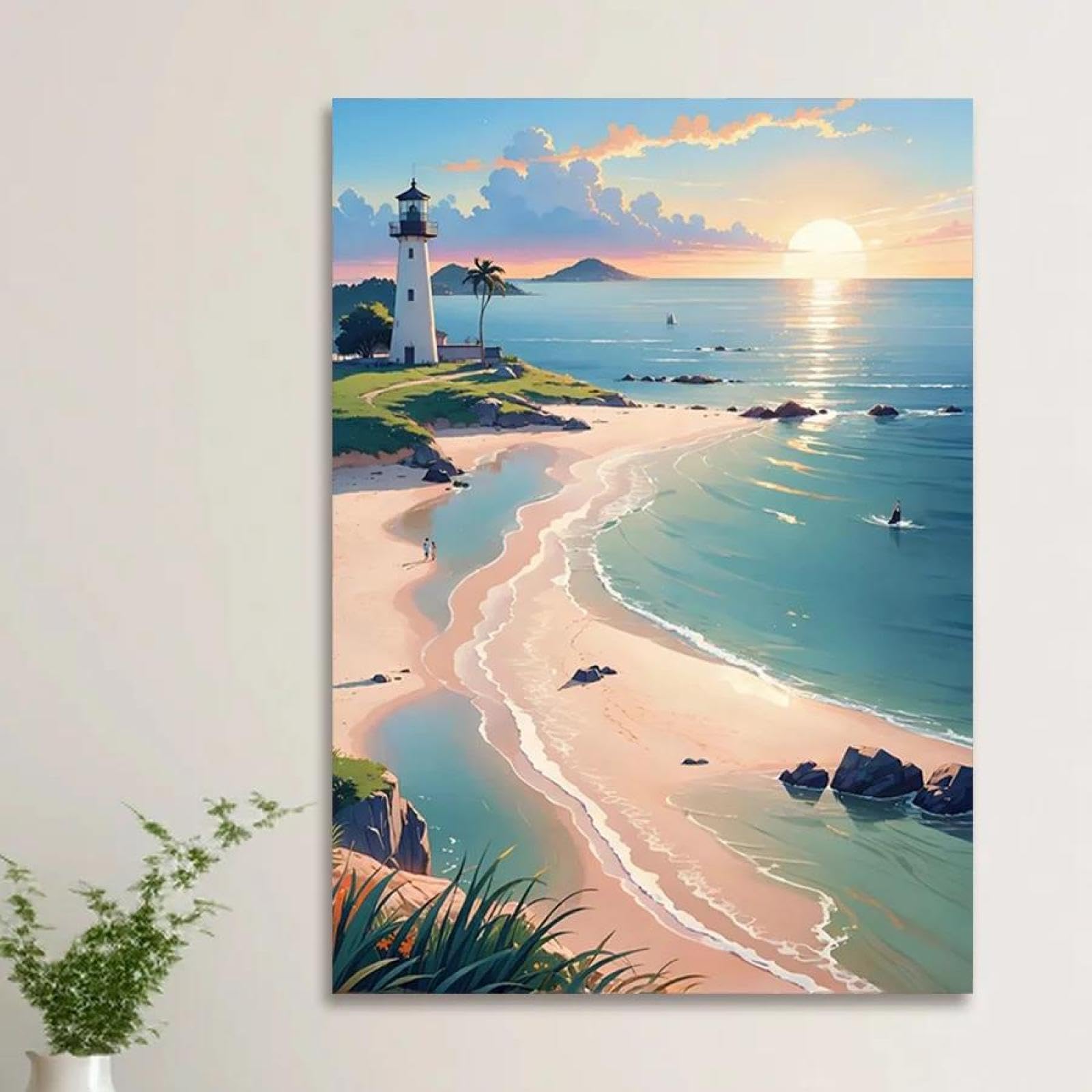 Yocheng Charming Seaside Lighthouse Canvas Art Print - Serene Beach Sunset Scene With Lighthouse,Palm Trees & Ocean Waves 60x90cm No Frame