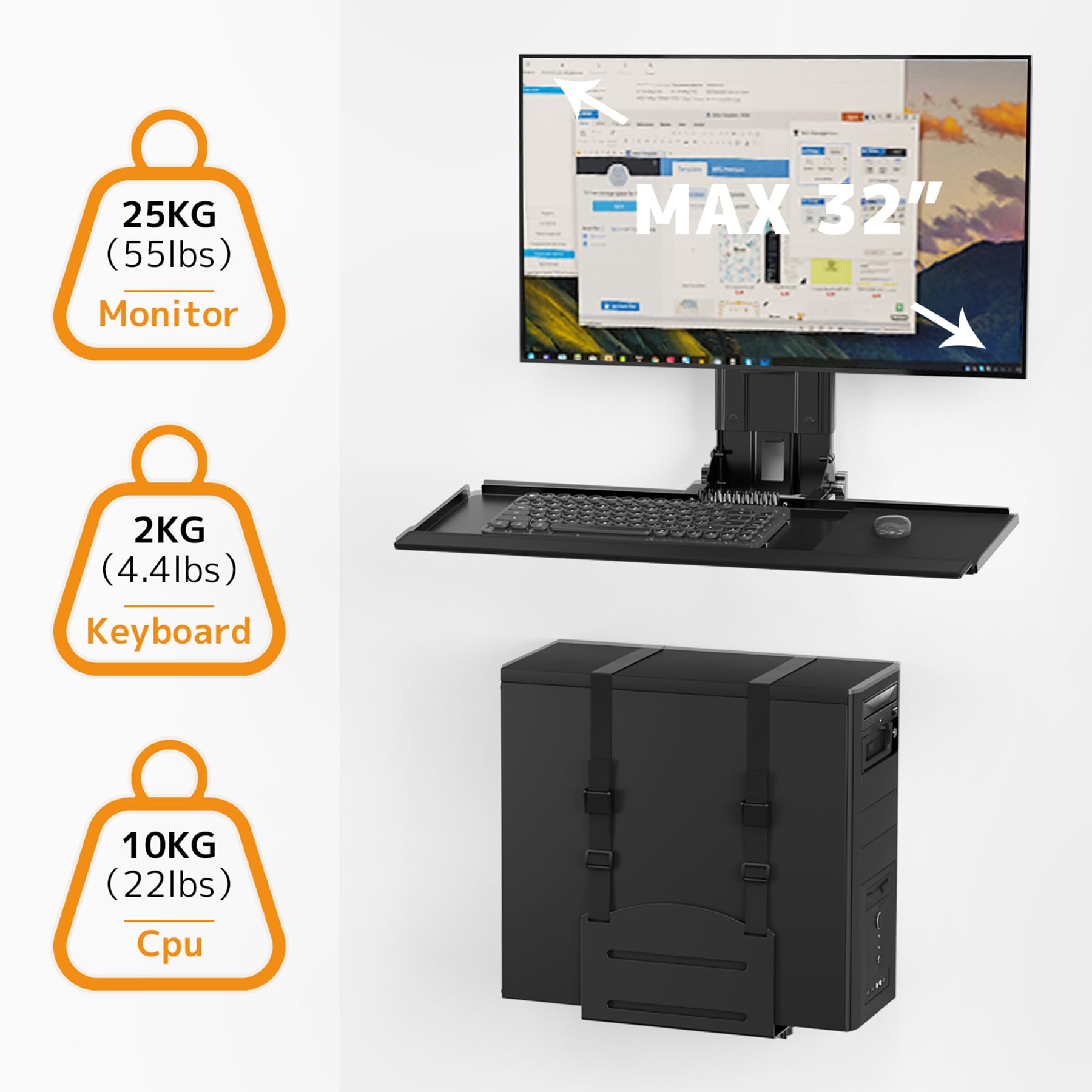 Supporto da parete per monitor e tastiera con supporto CPU per monitor da 32" (massimo 25 kg), vassoio per tastiera (carico 2,0 kg) e supporto CPU (capacità 10 kg), regolabile in altezza, con
