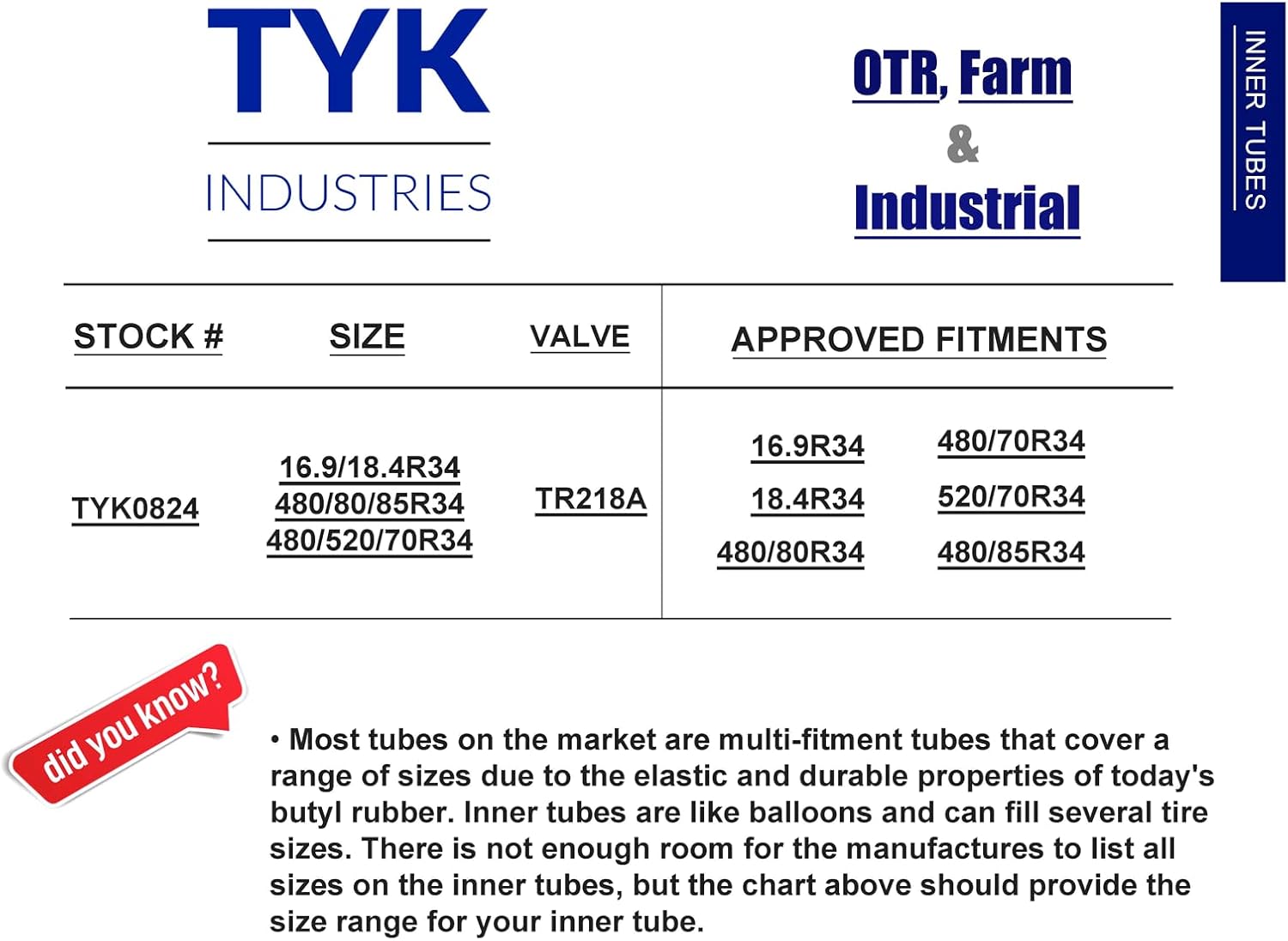 18.4R34, 480/70R34, 520/70R34 Tractor Tire Inner Tube with a TR218A Valve Stem for use in Radial or Bias Tires by TYK Industries