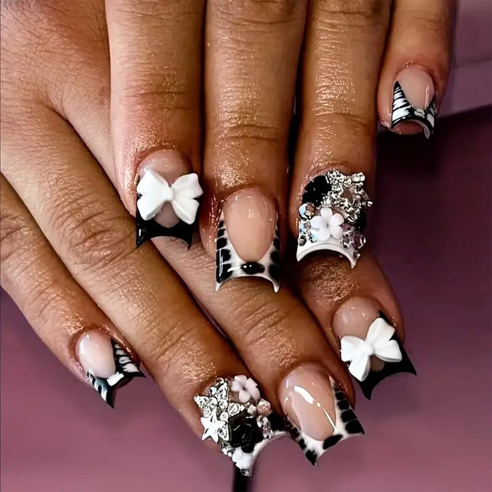GlamRays French Tip Press on Nails Short Square False Nails with Bow Charm Design Black White Zebra Pattern False Nails Cute Little Flowers 24 Pieces