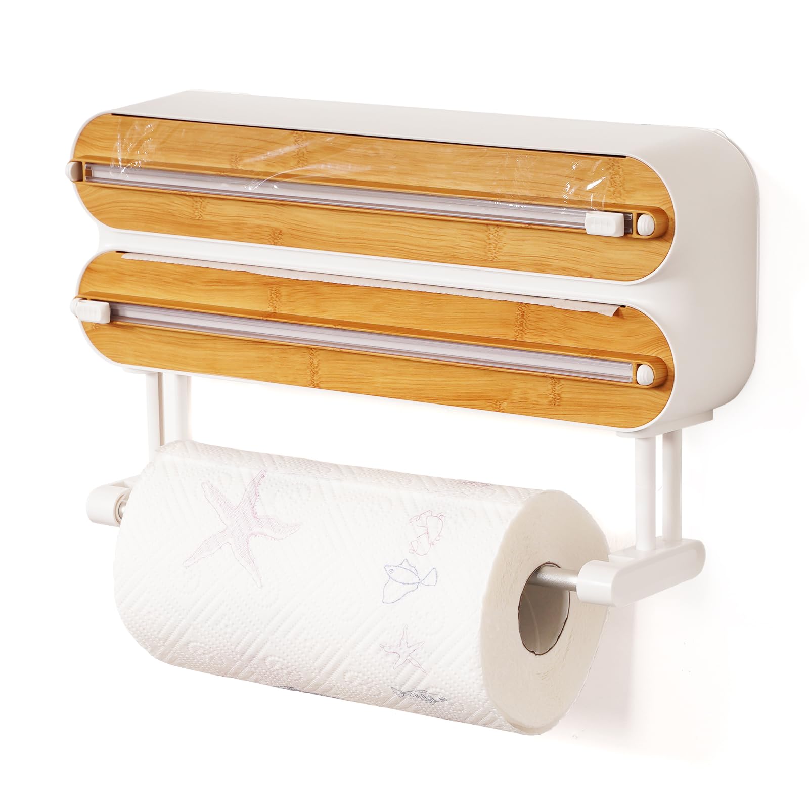 Dispensador Papel Aluminio con Portarrollos Papel Cocina,Porta Papel Aluminio y Film,Magnético Dispensador Film Transparente,Cortador Papel Aluminio y Film (Color de bambú y Madera)