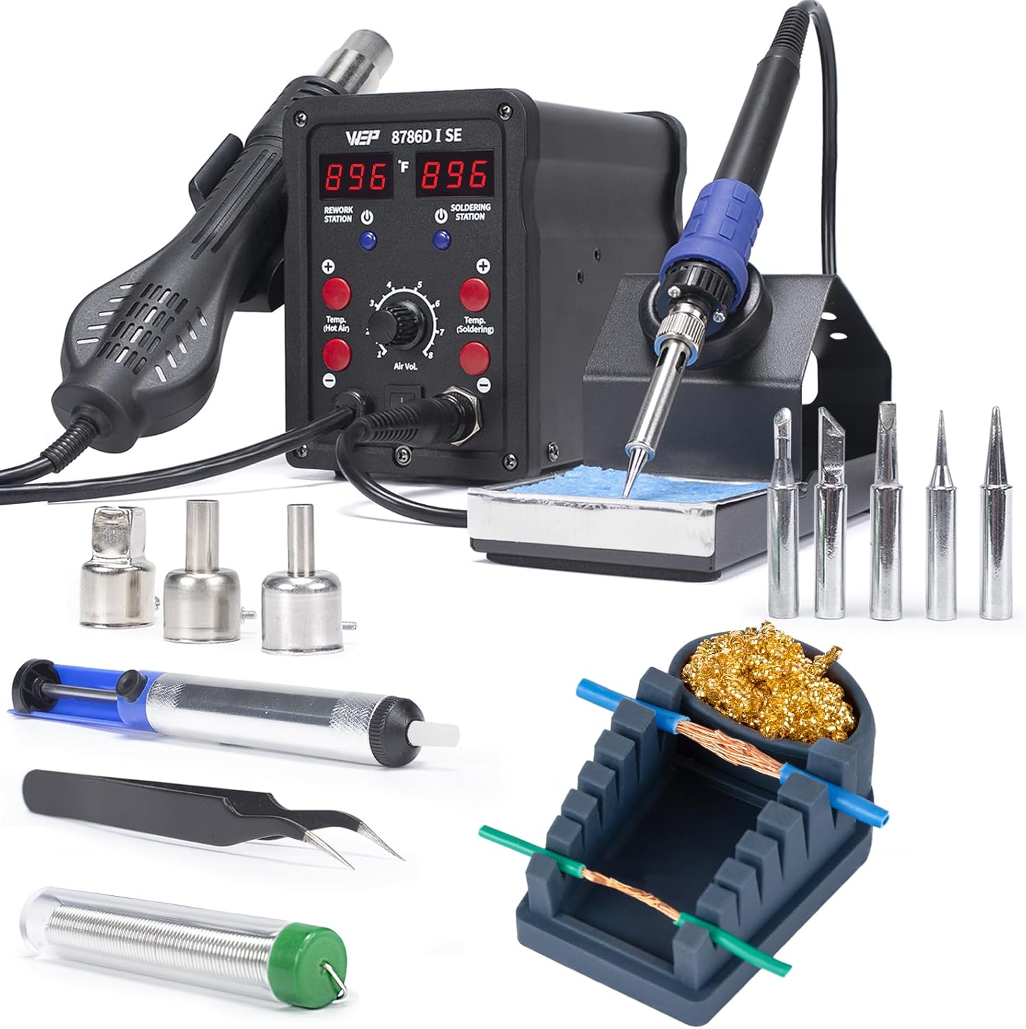 WEP 8786D-I SE 2-IN-1 SMD Hot Air Rework Station Bundle with WEP S200 Gray Soldering Wire Holder 6 V-shaped grooves with 5 Soldering Tips(I,B,K,3.2D,3C), 3 Hot air nozzles for Soldering Wires, Heat Sh