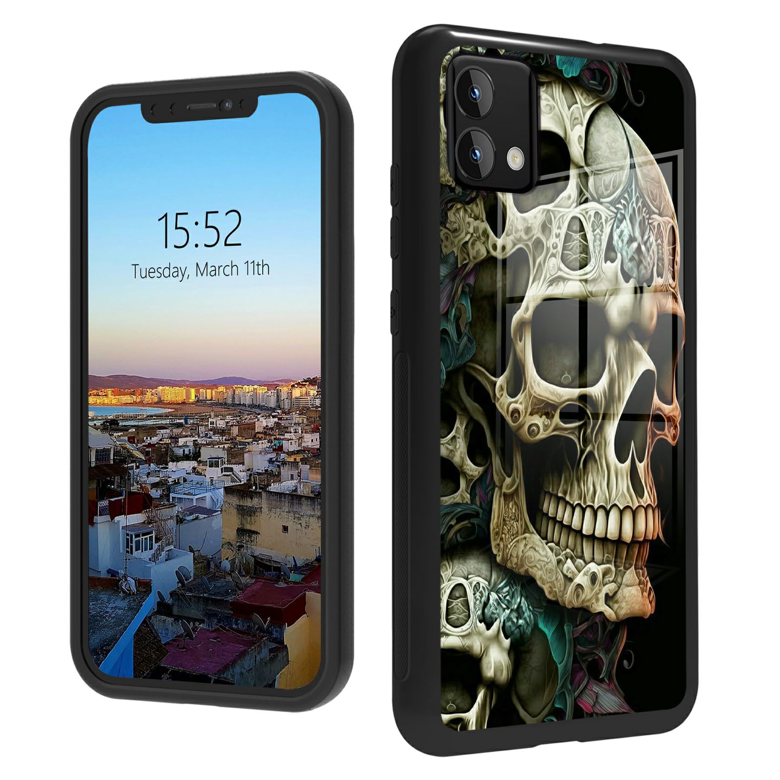 Case for Moto G Stylus 5G 2023 Phone Case Tempered Glass Black Cover with Cool Skull Design for Women Men Anti-Scratch Shockproof Protection Case for